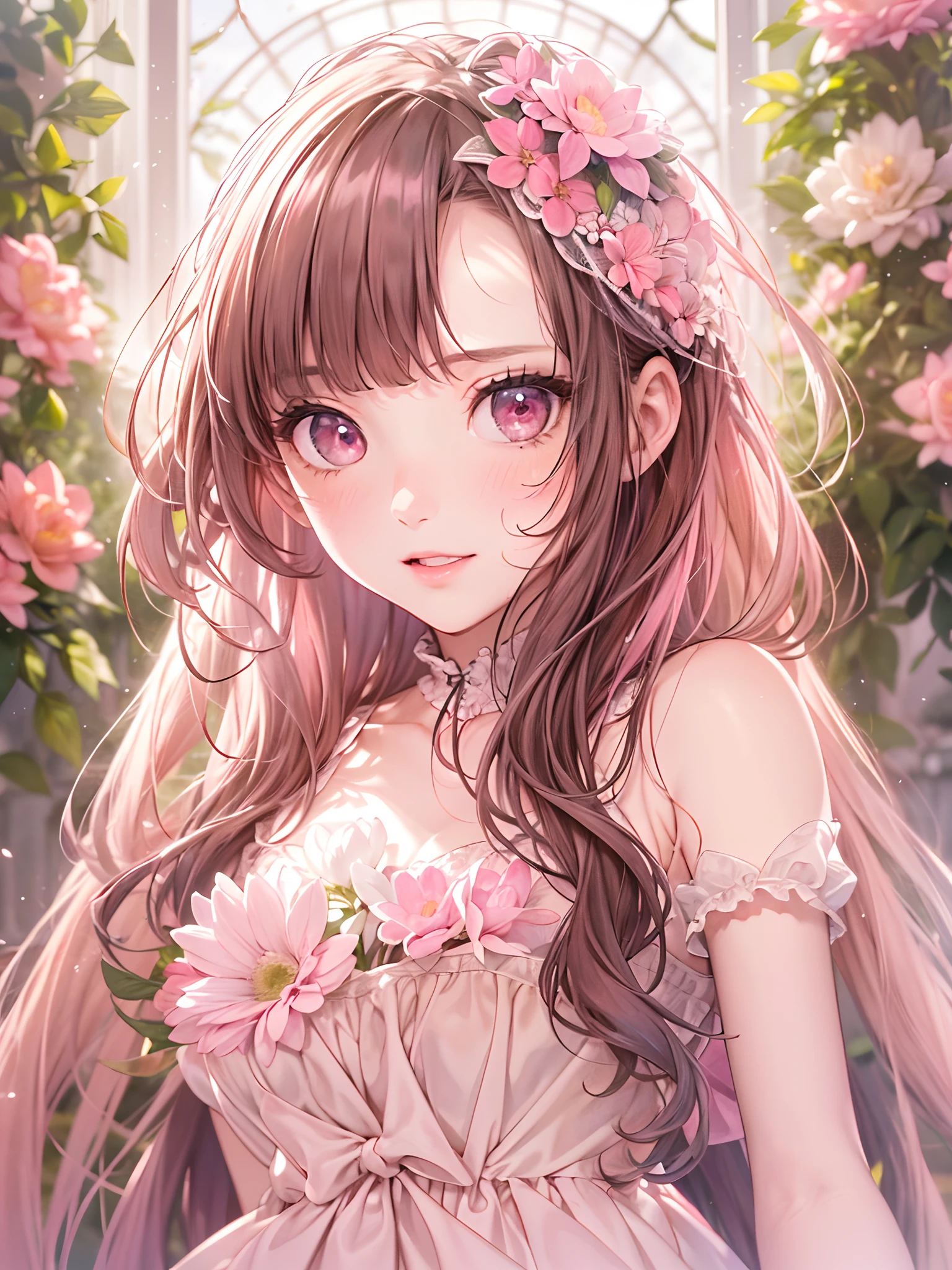 exquisitedetails, Highest quality 8K resolution, Ultra-detailed, Realistic, Vibrant colors, Soft tones, With warm and gentle lighting, (Beautiful Gothic Black Dress, Pretty Pink Ribbon, Beautiful frills:1.2),(Smooth straight pink hair:1.2),(Hair parted in the middle:1.2),(Glowing hair),(Pink eyes:1.3),Garden Girl,With an overflowing soft and gentle feeling,Visible emotions and specific emotions,(The promenade is full of flowers:1.3), Create colorful reflections.The sun's rays illuminate joy and pure love, Cast a warm golden glow on the girl's face,Free yourself from the hassles of this world. The atmosphere is full of happiness and laughter, It's like heaven、As if celebrating love,Create a combination of digital illustrations and photos, Sticking to ultra-detailed depictions and vivid colors. In a style that blends romanticism and realism、You can feel the depth of love. The color palette consists of soft pastel tones, Create an ethereal atmosphere like a dream. and the lighting is soft and diffused, Shine a gentle light on your face,The artwork is a masterpiece,