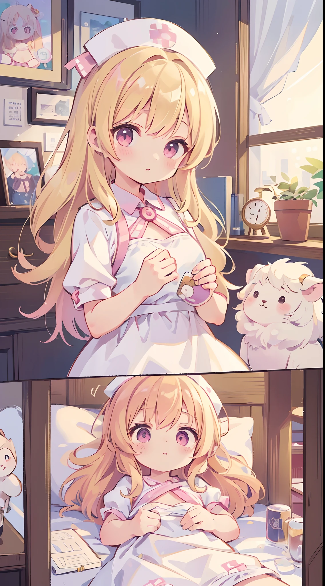 ((masutepiece，Top image quality，Best Quality，8K，​masterpiece))girl1，Personification of sheep，fluffly，World of Dreams，a blond，Pink eyes，fluffy，Upper body only，nurse，Nursing clothing、small tits、Highlight White、Have a stuffed animal