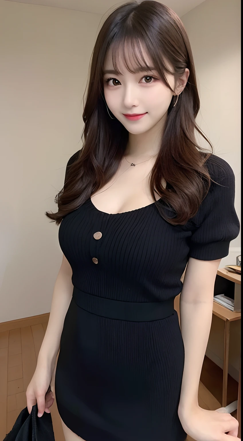 masutepiece, Best Quality, Illustration, Ultra-detailed, finely detail, hight resolution, 8K Wallpaper, Perfect dynamic composition, Beautiful detailed eyes, Wearing a black knitted dress,small tits,Natural Color Lip, sexypose,Smile,20 years girl、Cute、Sexy shot looking at camera,Background blur,KPOP Idol Face,a room