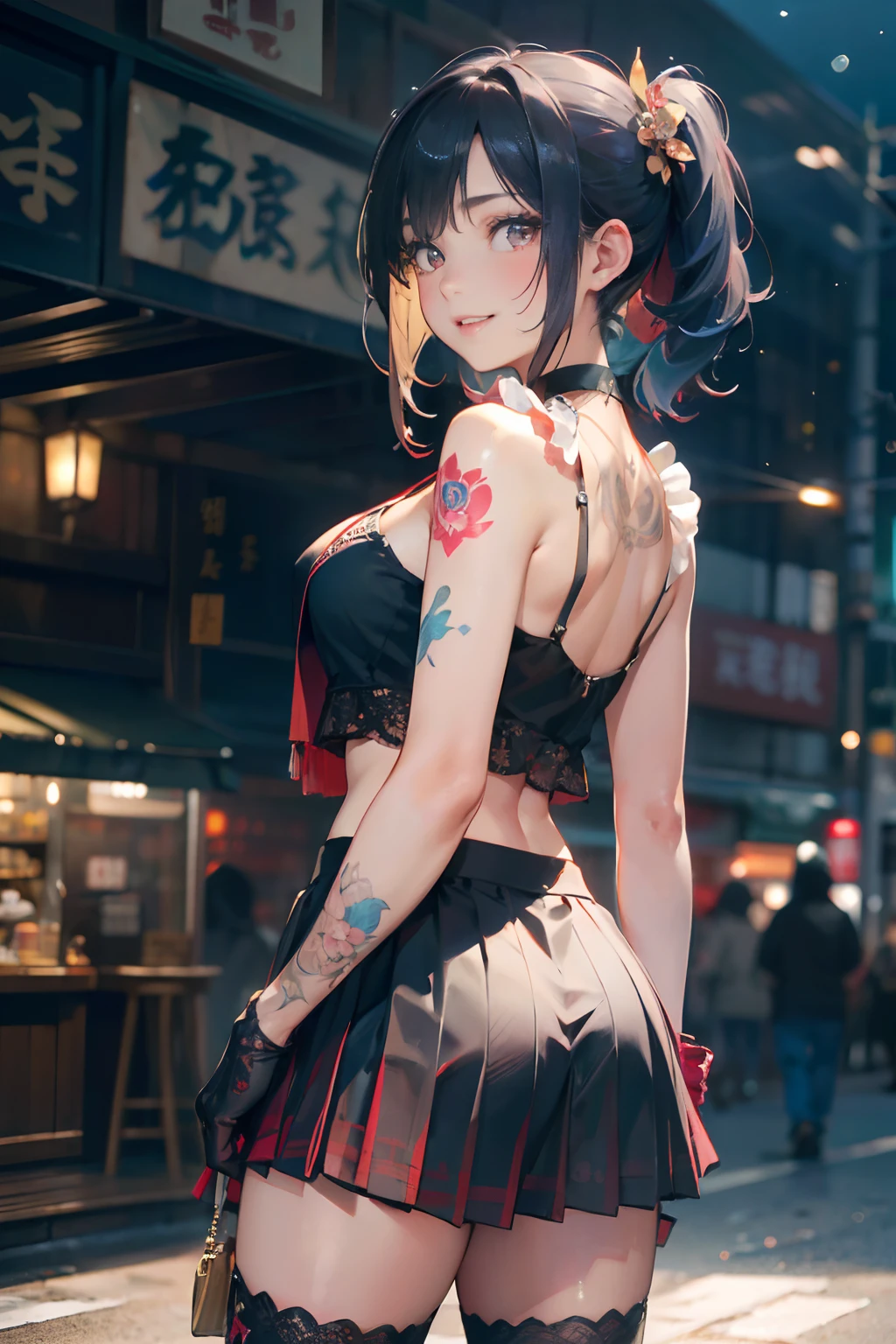 a 20 yo woman、lightblue hair、bleu hair、long twintail、Big smile、cleavage of the breast、voluptuous breasts、Thighs at a glance、fishnet tights、(hi-top fade:1.3)、dark themed、Muted Tones、Subdued Color、highly contrast、(natural skin textures、Hyper-Realism、Soft light、sharp) (masutepiece, of the highest quality, Best Quality, Official art, Beautiful and aesthetic: 1.2), (1girl in: 1.3), Very detailed, (Fractal Art: 1.1), (Color: 1.1) (Flowers: 1.3), (By Yuko Higuchi:1.4), Yuko Higuchi,(posted by Yow:1.2),(linear art),Line drawing,Pen drawing,Zentangle,(Tattoo patterns:1.2),(complex lines),(masutepiece),(Best Quality:1.1), (Ultra-detailed),Best Illustration,finely detail,hand-drawn high quality,High contrast,(Clean lines:1.3),ligne claire,(Portrait),(very closeup:1.1),1 girl,Solo,The girl is wrapped in snow,(Intricate details:1.3),(Detailed background:1.2),(coloured background:1.1),sketch,Intricate details,High resolution,a moon,top-quality、8K、hight resolution、masterpiece、(portlate:0.6)、(grinning evily:1.3)、(Look at viewers:1.3)、(bokeh dof)、18year old、8K, masutepiece, (Photorealistic:1.5), Artistic portrait from behind ((Yakuza Girls) Wearing kimono), back tattoo, Revealing the tattoo on the back, (Dragon tattoo), Bare shoulders, huge-breasted, Beautiful skin, Slim Fit Body, Cute face, nice appearance, look at viewr, Foggy, Daylight, skyscapers, Clouds, Cozy and cool atmosphere, Dynamic lighting, natural, artistic,18-year-old girl Wahori skin, Yakuza, Japan Mafia, Background of Tokyo Red Light District, Realistic, Photoreal, masutepiece, Best Quality, Movie photo of a Japan cartel gang with tattoos, epic lighting, Yakuza tattoos on Japan, japanese art on behance, Japan culture, Sexy, Exotic, Erotic,Tattoo of butterflies and flowers on the upper body,A huge number of flower tattoos on the arm、tribal tattoos、<Quality Improvement Prompt>
<Character appearance、Backgrounds and other prompts>
(Red and Black theme:1.3), ((Fusion of black crop top and black camisole) with frills:1.4