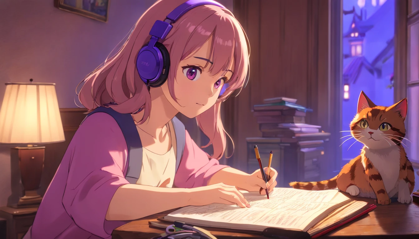(Best Quality,4K,8K,hight resolution,masutepiece:1.2),Ultra-detailed,(Realistic,Photorealistic,Photorealsitic:1.37),Beautiful girl studying in bedroom,Portrait,headphones,lofi, purple color lighting, Cat beside her