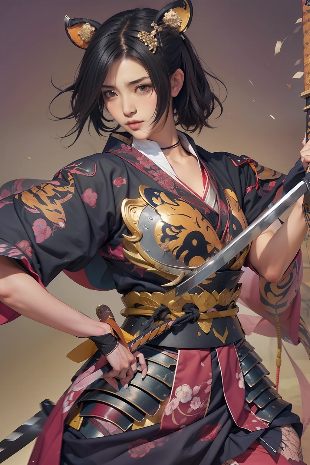 a close up of a Riho Yoshioka with a sword and a tattoo on her arm, very beautiful cyberpunk samurai, a beautiful woman warrior, she is holding a katana sword, beautiful female warrior, beautiful character painting, chinese warrior, warrior girl, holding a sword on her shoulder, japanese warrior, female samurai, ornate korean polearm behind her, cyberpunk samurai