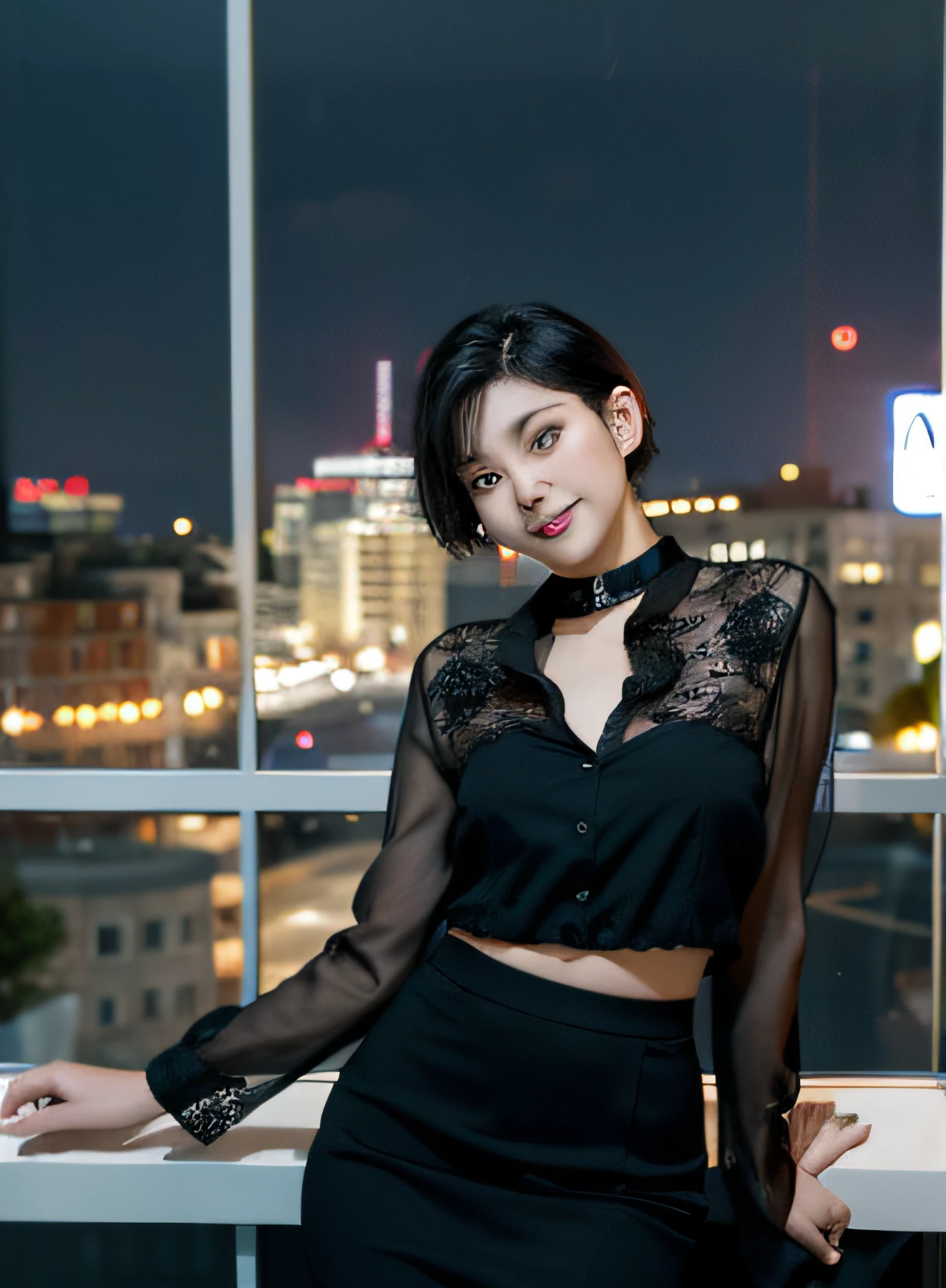 (8k, top quality, masterpiece: 1.2), (realistic, photorealistic: 1.37), super detailed, girl alone, cute, one, beautiful detailed sky, detailed café, night, sitting, date, (blush), (smile: 1.15),(closed)small,beautiful fine eyes,(shirt with collar:1.1),night,wet,business wear,rain,black lace,(short hair:1.2),floating hair NovaFrogStyle,Cyber,Future