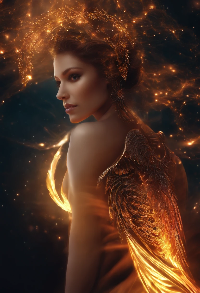 Fallen Angels of the Universe, glowing light eyes, biomechanical, eery, creepy, nightmarish, Very bright colors, light Particle, with light glowing, Musif, Wallpaper Art, UHD Wallpapers