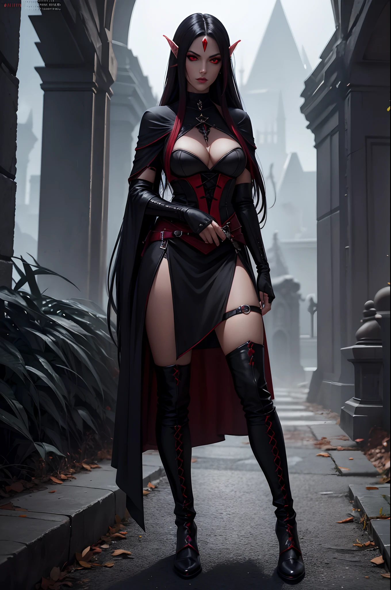 Dark elf, red eyes, lo gothic, linda, cabelo preto e liso, roupa negra, espartilho, bota de couro, 8k,