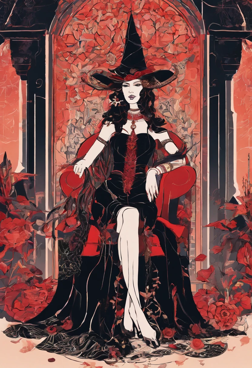 beautiful witch girl with long black braids, dressed in a black dress with red patterns, sitting on a Cardelou chair with velvet lining, with the majestic crow Sonistre, sitting on her shoulder, crow on her shoulder mystical atmosphere, muted colors, Enchanting composition, Canon EOS camera R5, Fujifilm Pro 400H film, 85mm lens, Soft focus, Guillermo del Toro, Tim Burton, Terry Gillingham, Alexander McQueen, Vivienne Westwood