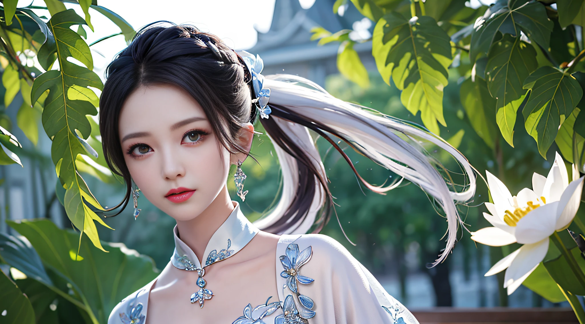 (best quality, masterpiece:1.2), ultra high res, realistic, front lighting, intricate detail, Exquisite details and textures, 1girl, solo ,(young), face highlight, upper body, detailed face, tear mole, shiny skin, silver hair, ponytail, braid hair, looking at viewer, big eyes, silk robe, (hollow pattern, white, silk), earrings, small , slim body, architecture, east asian, riverside, a lotus leaf, a lotus flower, forest, professional lighting, photon mapping, radiosity, physically-based rendering,