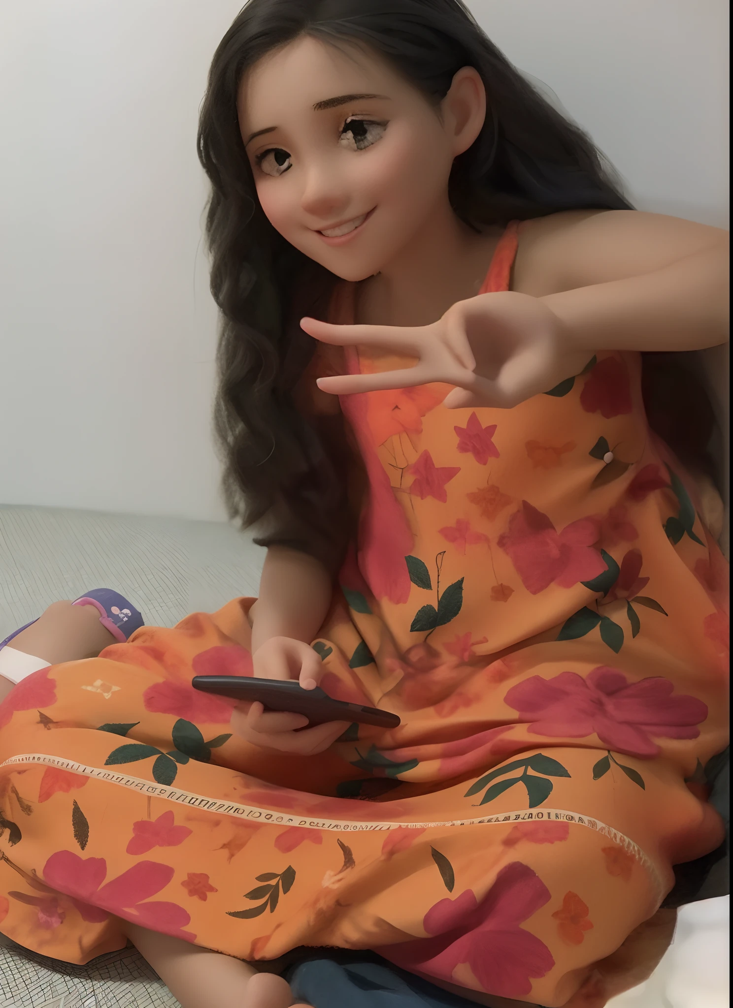A young woman sitting on the floor with a mobile phone, usando um vestido havaiano, usando um pijama folgado, usando um longo vestido florido, com o dedo indicador, ela expressando alegria