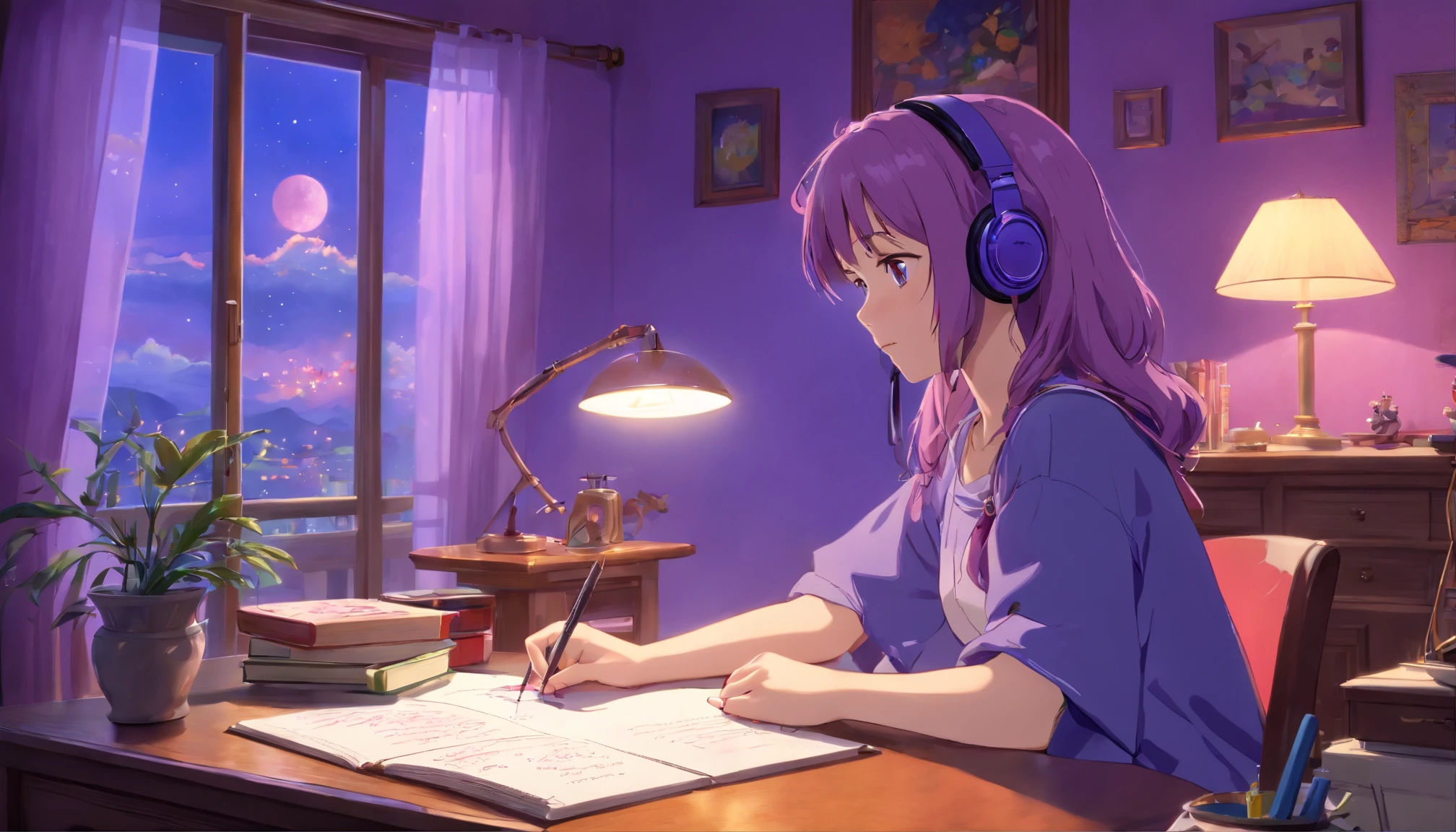 (Best Quality,4K,8K,hight resolution,masutepiece:1.2),Ultra-detailed,(Realistic,Photorealistic,Photorealsitic:1.37),Beautiful girl studying in bedroom,Portrait,headphones,lofi, purple color lighting, Cat beside her