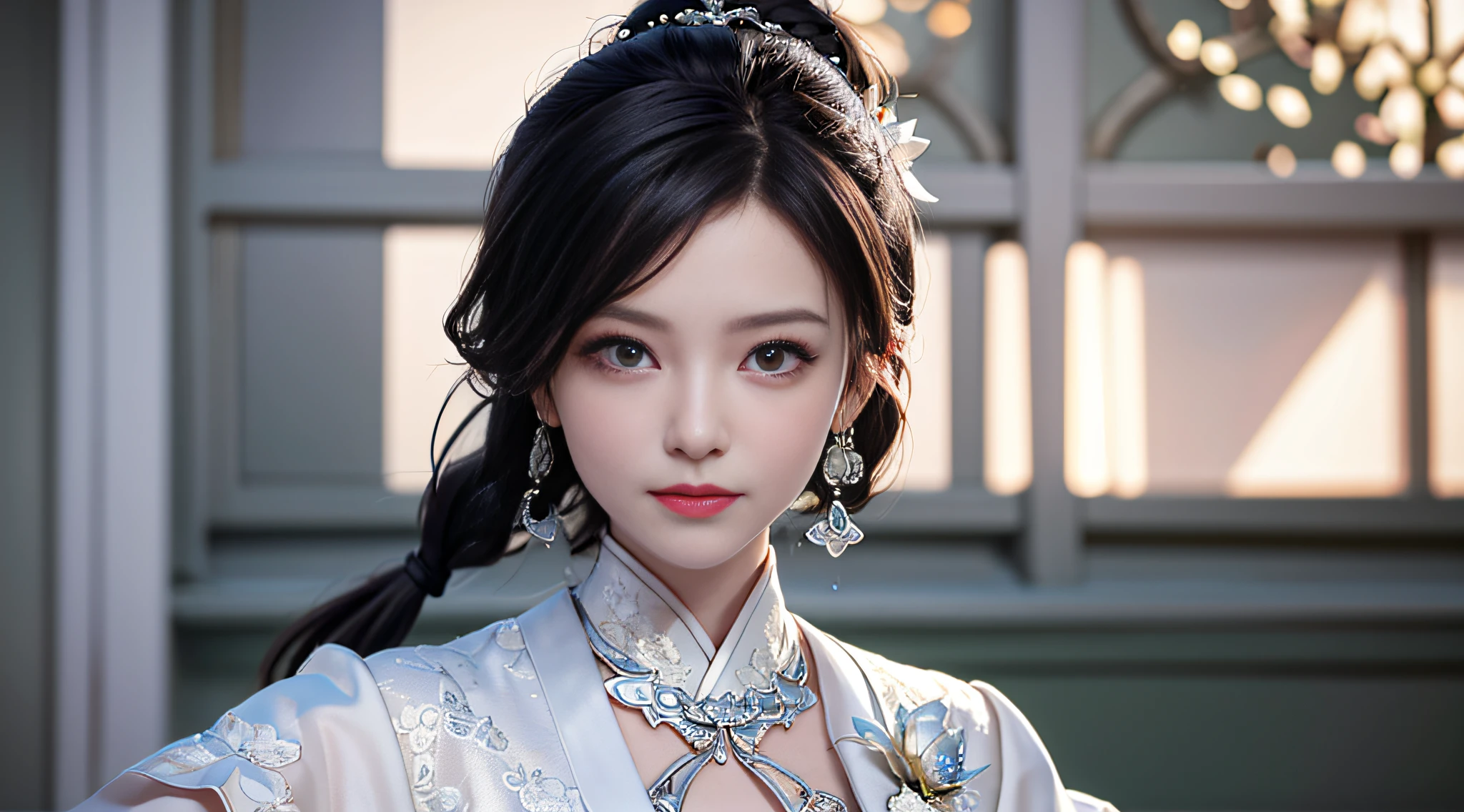(best quality, masterpiece:1.2), ultra high res, realistic, front lighting, intricate detail, Exquisite details and textures, 1girl, solo ,(young), face highlight, upper body, detailed face, tear mole, shiny skin, silver hair, ponytail, braid hair, looking at viewer, big eyes, silk robe, (hollow pattern, white, silk), earrings, small breasts, slim body, architecture, east asian, riverside, a lotus leaf, a lotus flower, forest, professional lighting, photon mapping, radiosity, physically-based rendering,