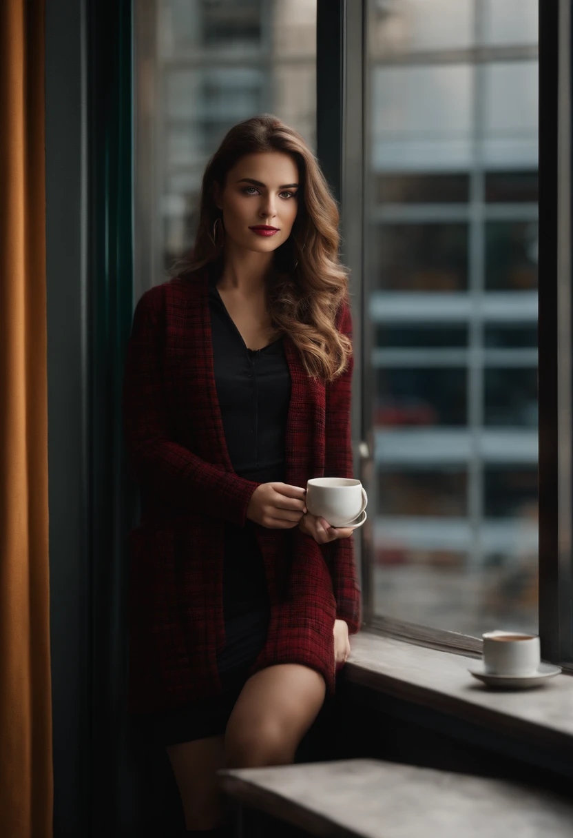 dentro, retrato, a 25-year-old woman holding a cup of coffee, Cardigan de malha cropped preto, bras:1, Dark red narrow skirt with black plaid pattern, Black knee-length suede boots, next to an office window