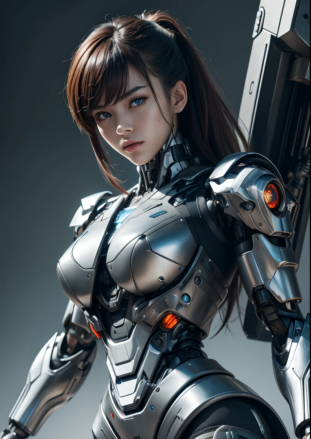 (masterpiece, 最high quality:1.2), 8k, Young and beautiful girl, Tabletop,Official AR RAW Photos, Baby Face、14 years old, Beautiful black hair, (((Big Breasts:1.4))), Cleavage, Raw skin shoulder, Rough skin, (Completely naked:1.4), Mechanical parts that hide nipples, (Exposed lower abdomen:1.4), Machine parts attached to the crotch, The lower half of the body with exposed bare skin, Thin pubic hair, Very detailed, Advanced Details, high quality, 最high quality, High resolution, 1080P, hard disk, beautiful,(Gundam), Battle Mode,She wears a futuristic Gundam mecha, (Blurred Background:1.4),