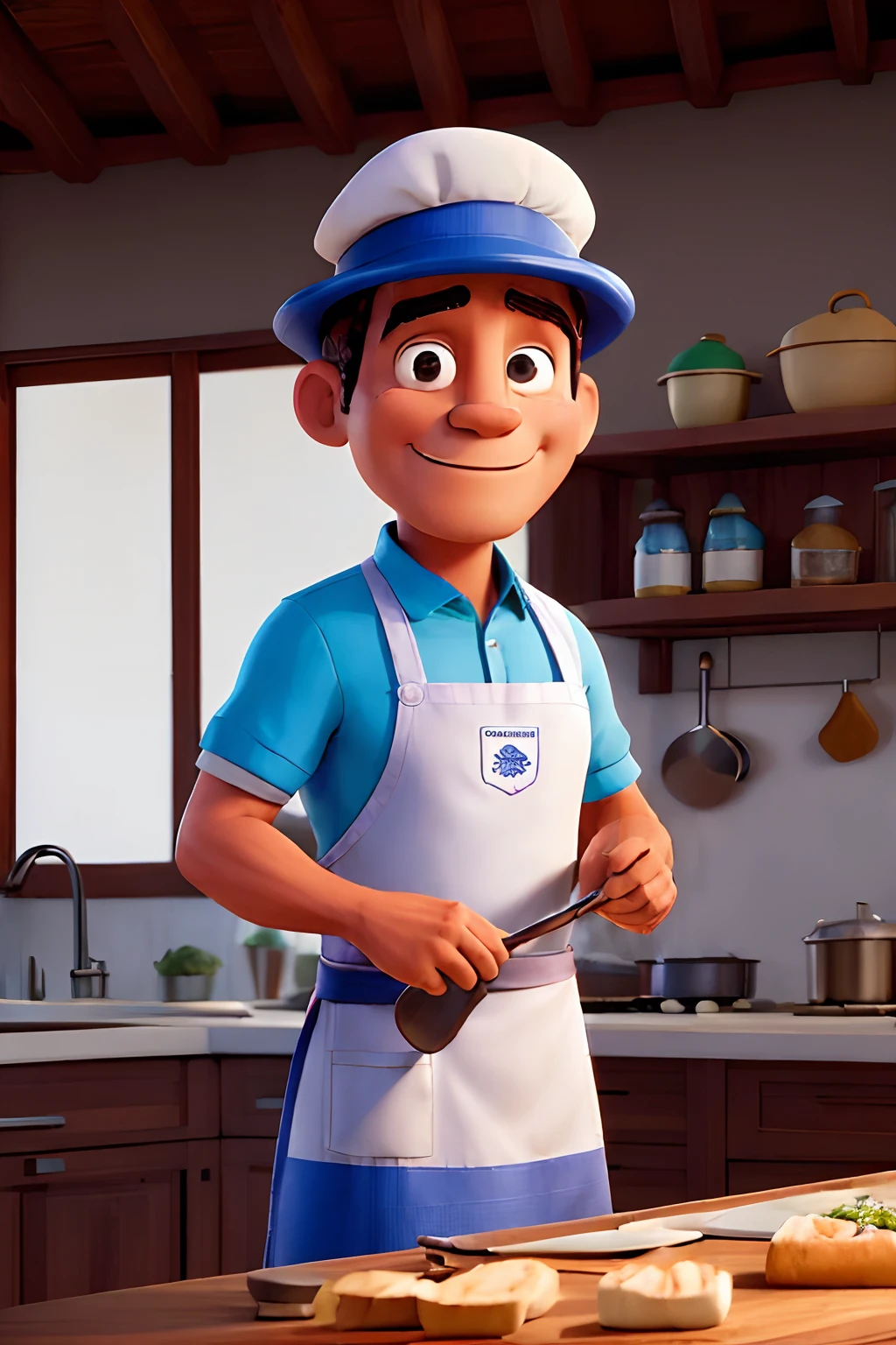 (((homem))) cozinheiro , careca, barrigudo, cavanhaque, em um uniforme cozinheiro, with apron and COOK'S HAT, DENTRO DA COZINHA DE UMA PIZZARIA, fechar para cima, olhando de frente com o espectador