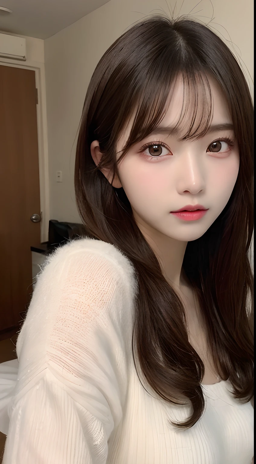 masutepiece, Best Quality, Illustration, Ultra-detailed, finely detail, hight resolution, 8K Wallpaper, Perfect dynamic composition, Beautiful detailed eyes, Wearing fluffy homewear,small tits,Natural Color Lip, sexypose,20 years girl、Cute、Sexy shot looking at camera,Background blur,KPOP Idol Face,a room