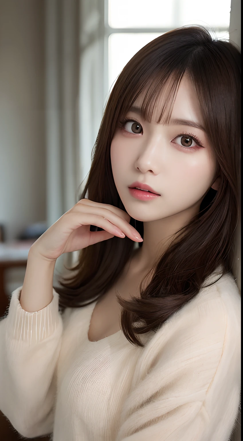 masutepiece, Best Quality, Illustration, Ultra-detailed, finely detail, hight resolution, 8K Wallpaper, Perfect dynamic composition, Beautiful detailed eyes, Wearing fluffy homewear,small tits,Natural Color Lip, sexypose,20 years girl、Cute、Sexy shot looking at camera,Background blur,KPOP Idol Face,a room