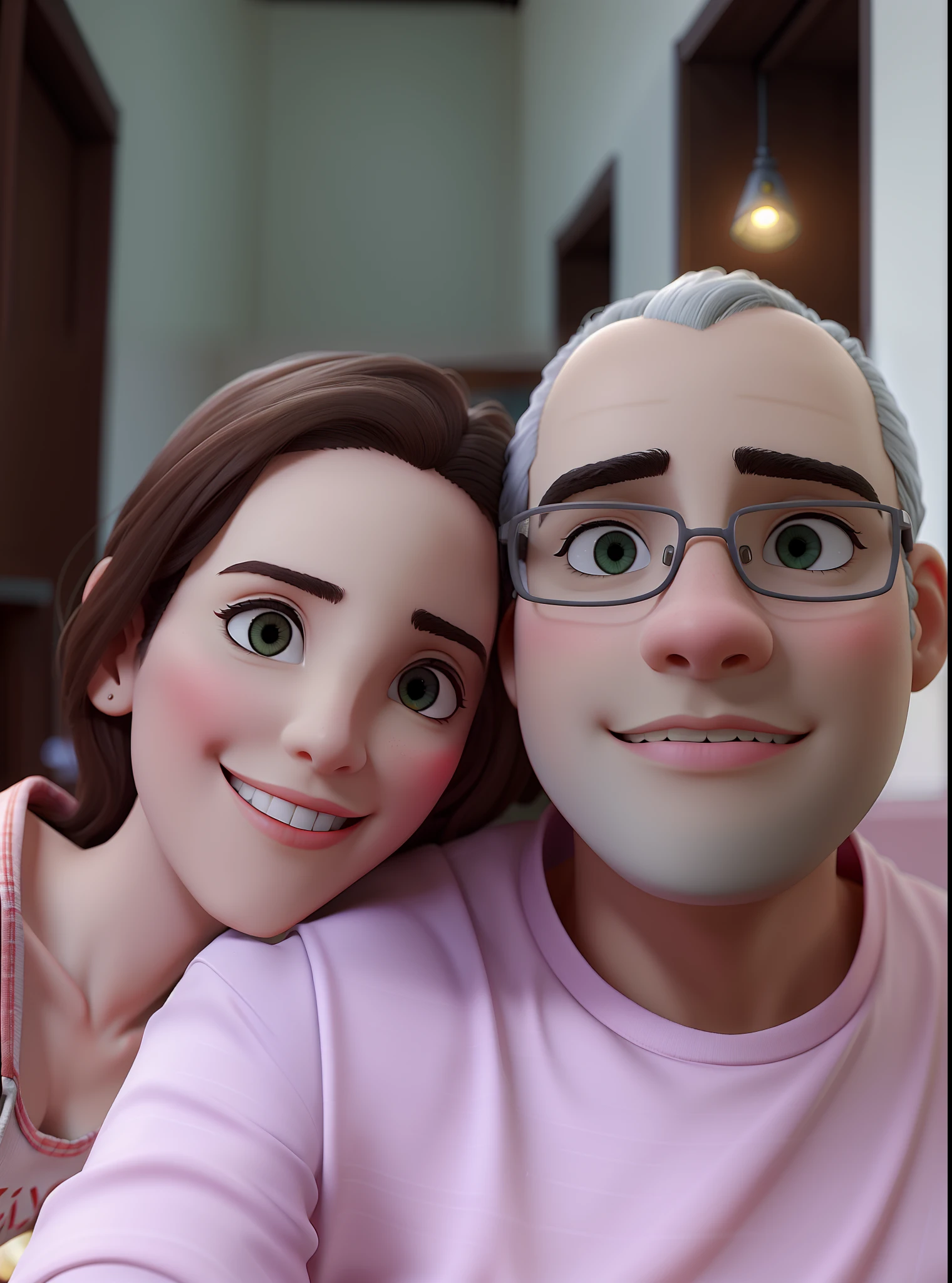 Um casal, illuminated by the light of a lamp, contra o pano de fundo de uma biblioteca