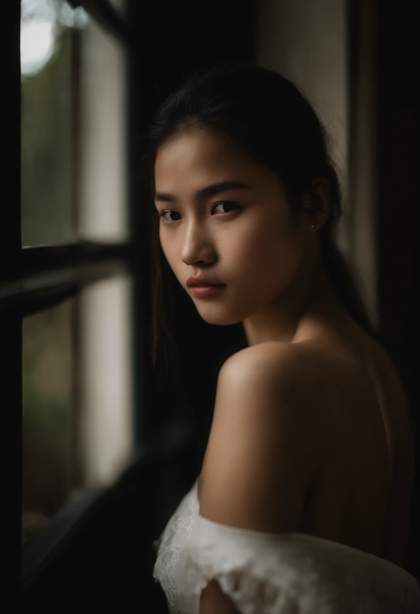 Portrait of a beautiful 18-year-old teenager, pelirrojo, Magnificent Chinese, topless, bare naked, en la puerta, (Oficina privada oscura, Dark and melancholic light: 1.2)