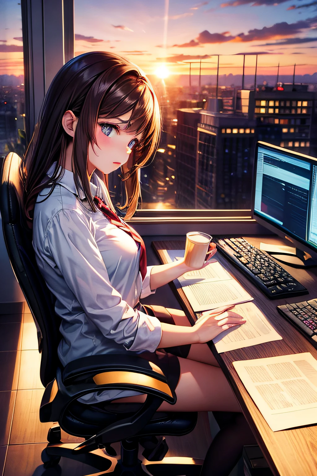 brunette girl overtime sunset office
