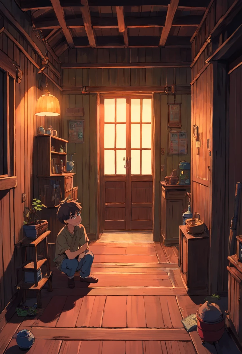 A boy siting in a dark house in the corner, deppresing and dark