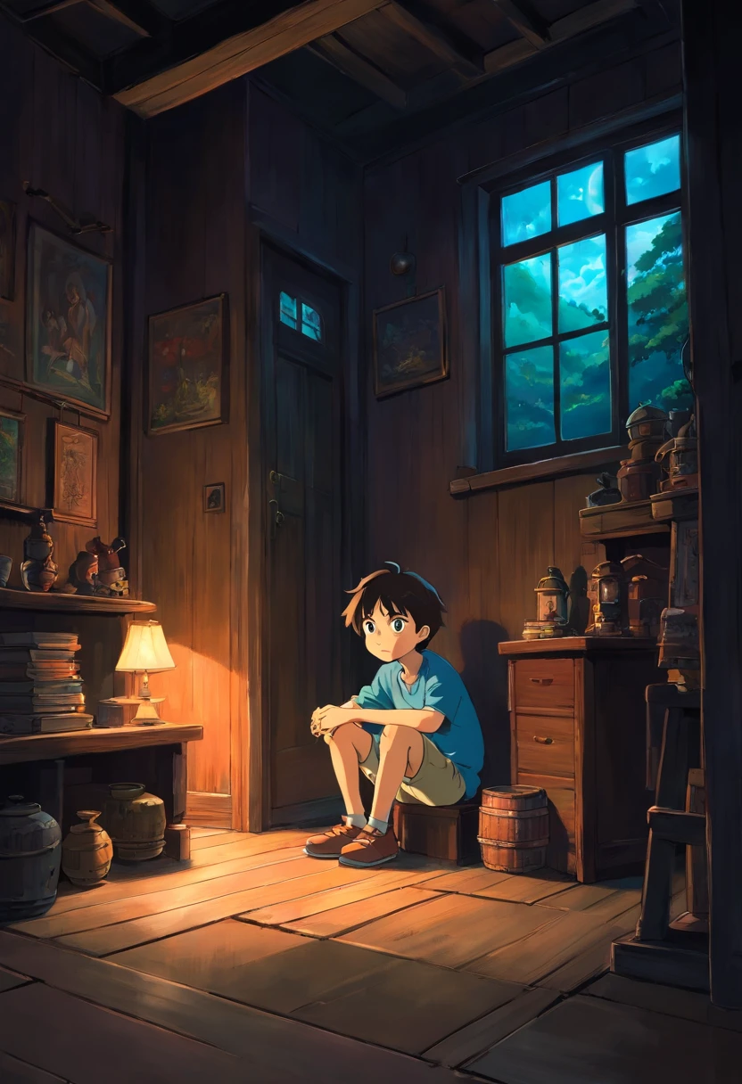 A boy siting in a dark house in the corner, deppresing and dark