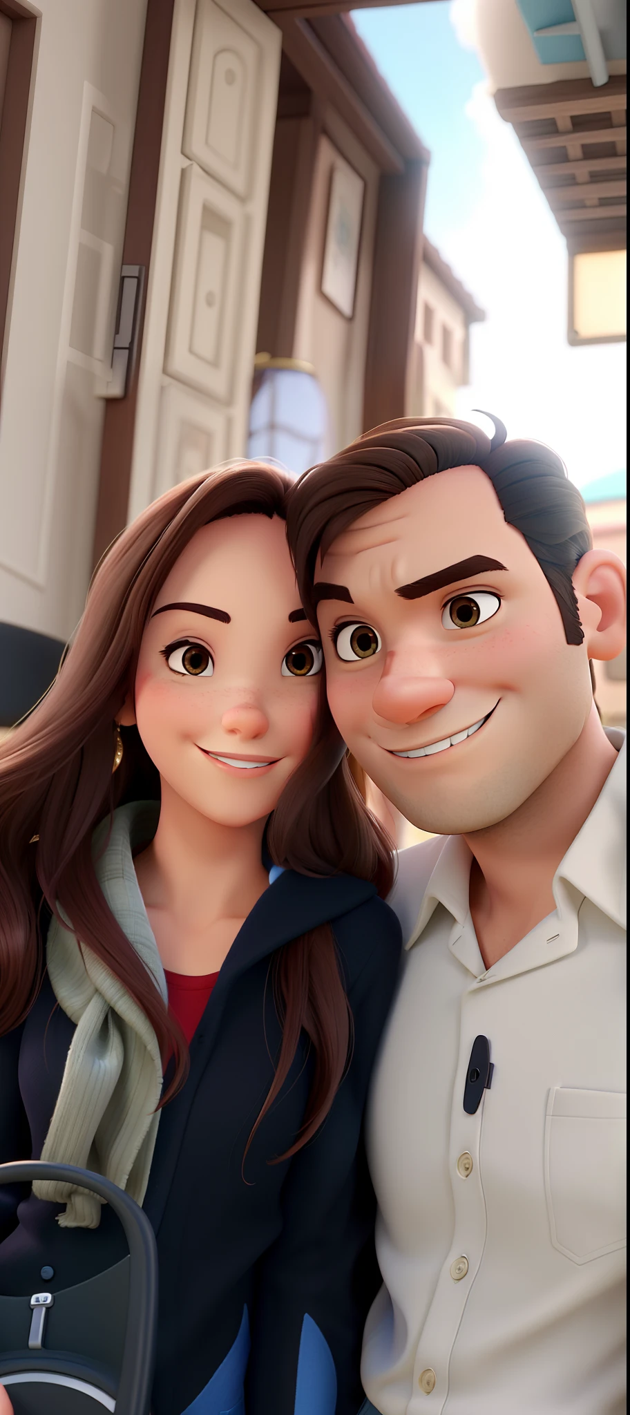 um casal estilo pixar, com alta qualidade e melhor qualidade, Both are brunettes