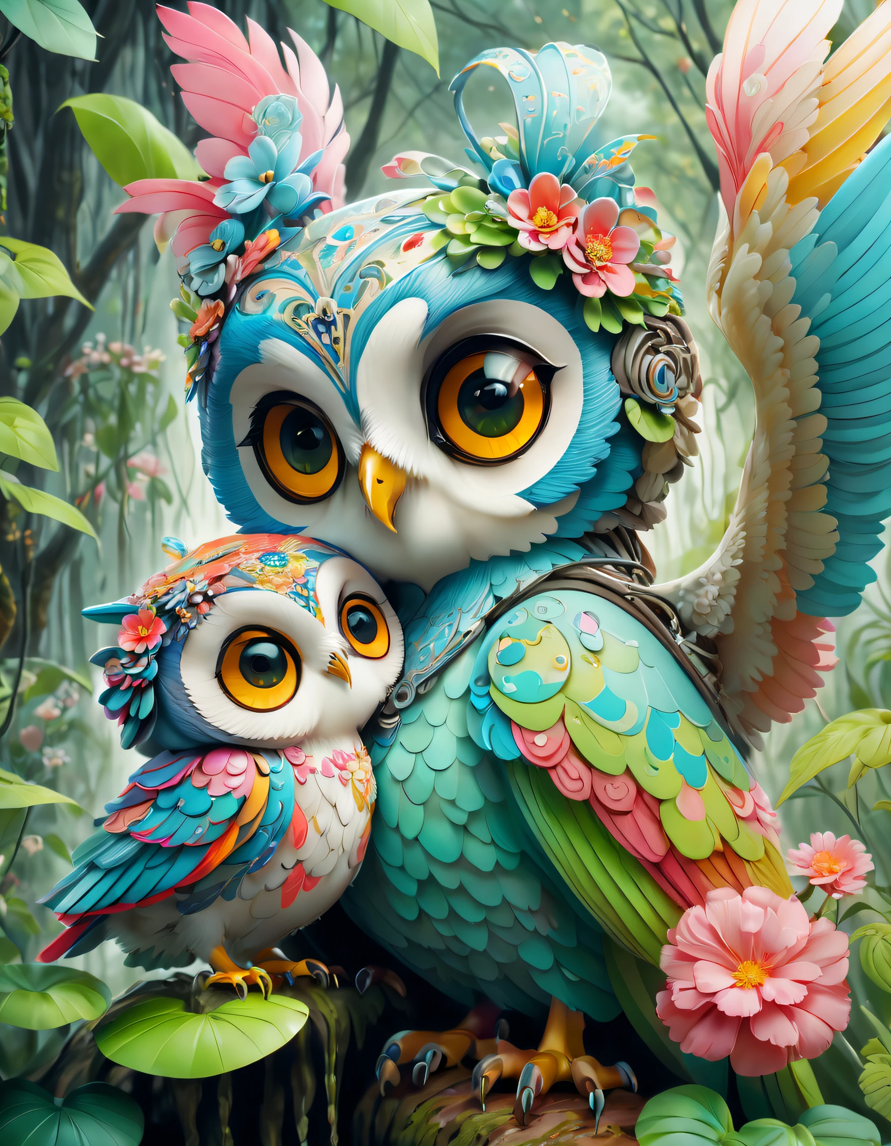 (Paint colorful owl mother and with flowers),(A large umbrella),(Mother owl holding an umbrella:1.37),A caring expression,
Background with:In the rainforest, Cute detailed digital art, lovely digital painting, adorable digital art, Beeple and Jeremiah Ketner, cute owl, cute detailed artwork,cute 3 d render, digital painting highly detailed, cute colorful adorable, highly detailed digital artwork, highly detailed and colored, digital art highly detailed, cute artwork