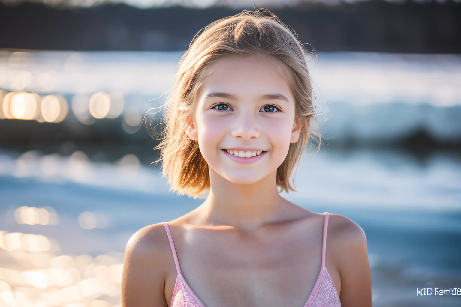 Upper body is captured, SeaArt , 1cute girl, portrait, bokeh, ( masterpiece), accurate, anatomically correct, f/1.8, 90mm, Fujifilm GFX 50R, raw photo, regina display, super detail, high details, high quality, best quality, highres, UHD, 1080p HD, 4K, 8K, ((( old 1girl))), Realism, ((Face and body the full front)), (standing), ((small breasts)), (pink_gold bikini), medium Hair, beautiful white skin, young features, beautiful pussy, soothing tones, high contrast, natural skin texture, of Sweden, Northern Lights Sky, (shy smile),