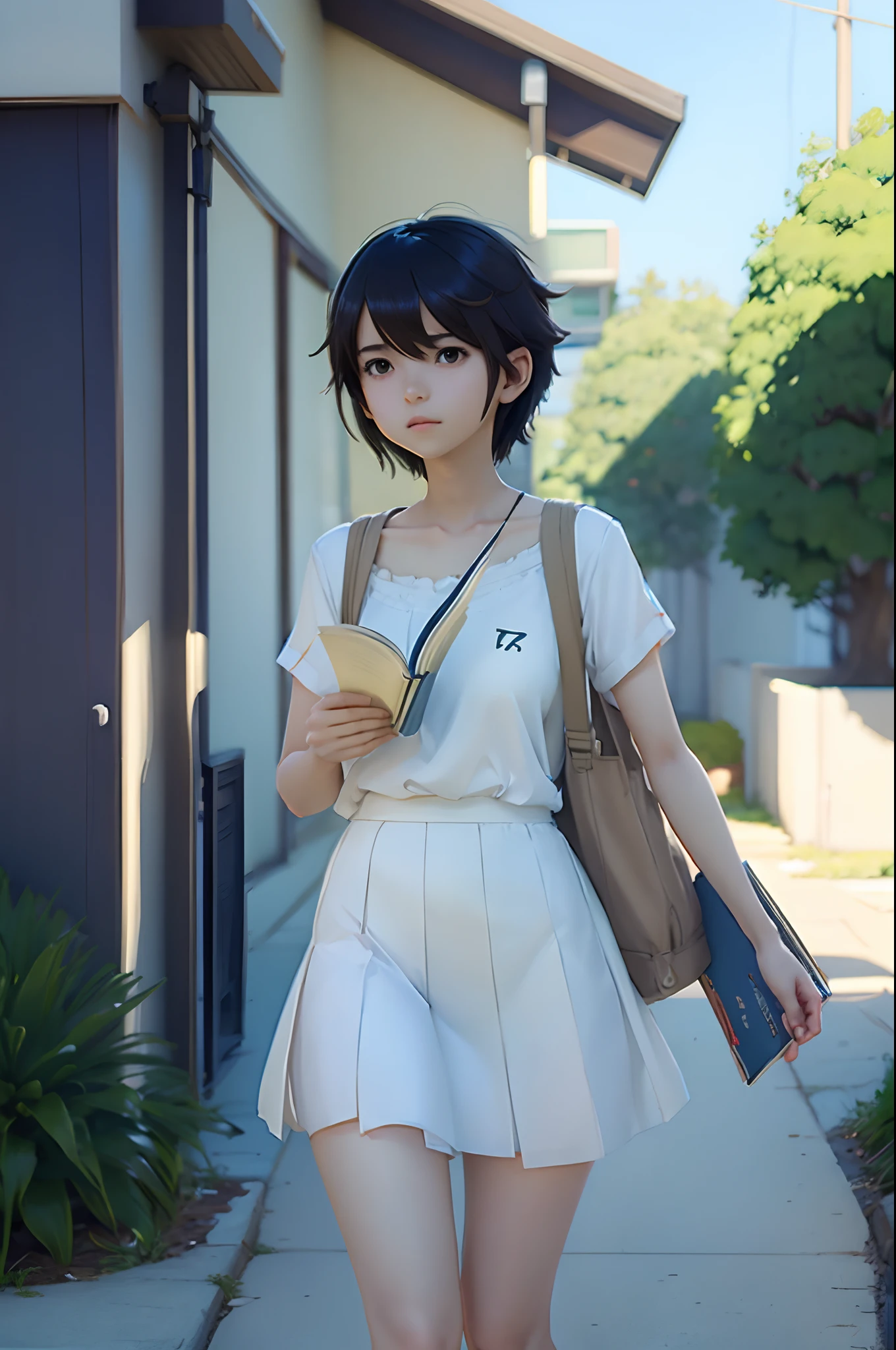 anime girl with a book on her head and a white shirt, anime realism style, makoto shinkai art style, in an anime style, in style of makoto shinkai, makoto shinkai. digital render, makoto shinkai style, inspired by Ma Yuanyu, in anime style, realistic anime 3d style, with short hair --auto