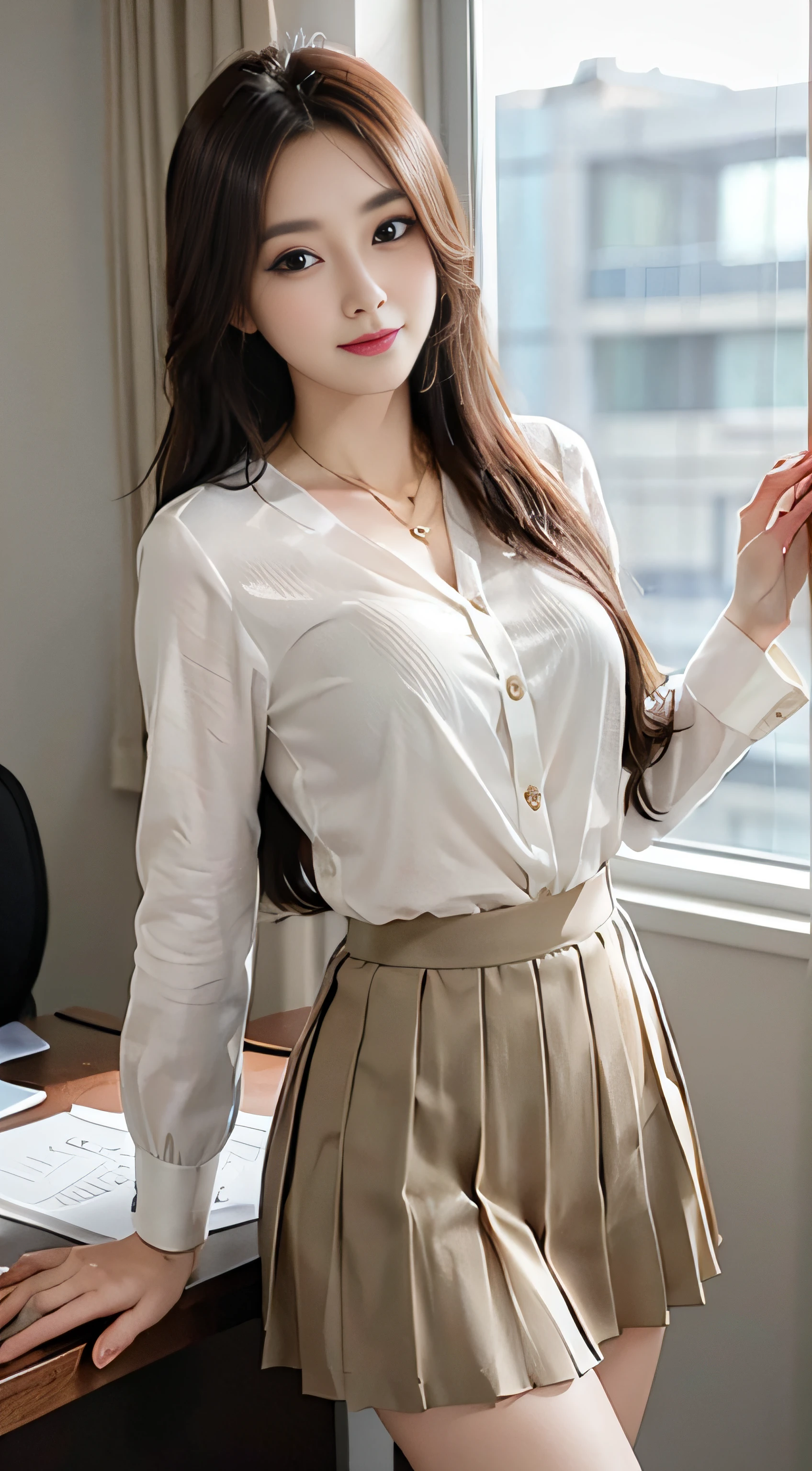 Photorealistic:1.3, masutepiece, Best Quality, ((1 beautiful woman)), ((Brown-colored super long hair:1.2)),japanes, Office Worker, He is smiling with his mouth slightly open, Slender Abs, medium chest, In a brown blouse, Gold Necklace,  ((Brown pleated skirt:1.2)), Standing next to an office chair, Beautiful long legs, (Full body), Beautiful face, Beautiful eyes, Detailed face, Detailed eyes, in a office, 8K resolution、FULL BODYSHOT