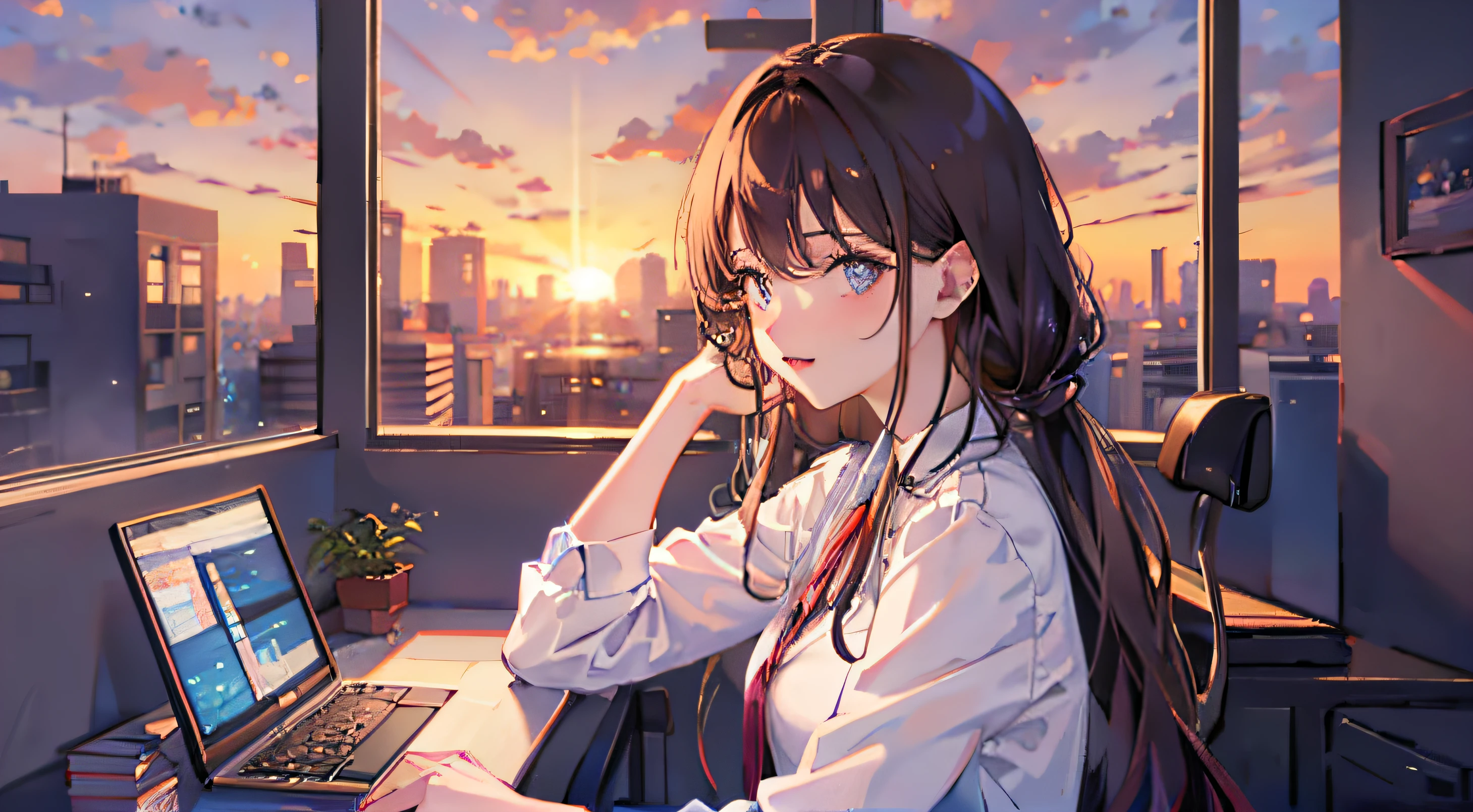 brunette girl overtime sunset office