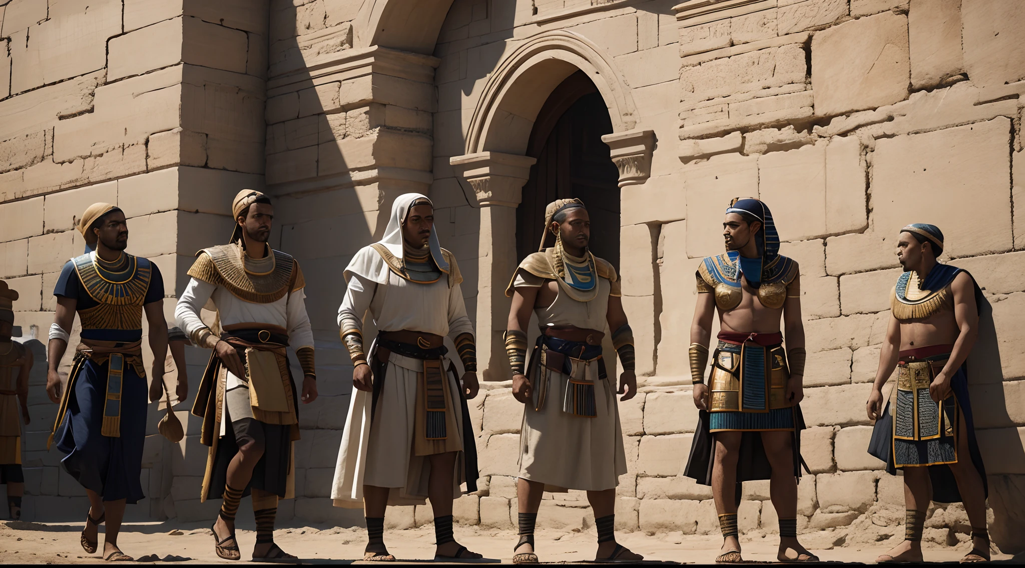 um grupo  de trabalhadores , Men wearing clothes from ancient Egypt in the construction of a high wall, realista, 8k, cinematica