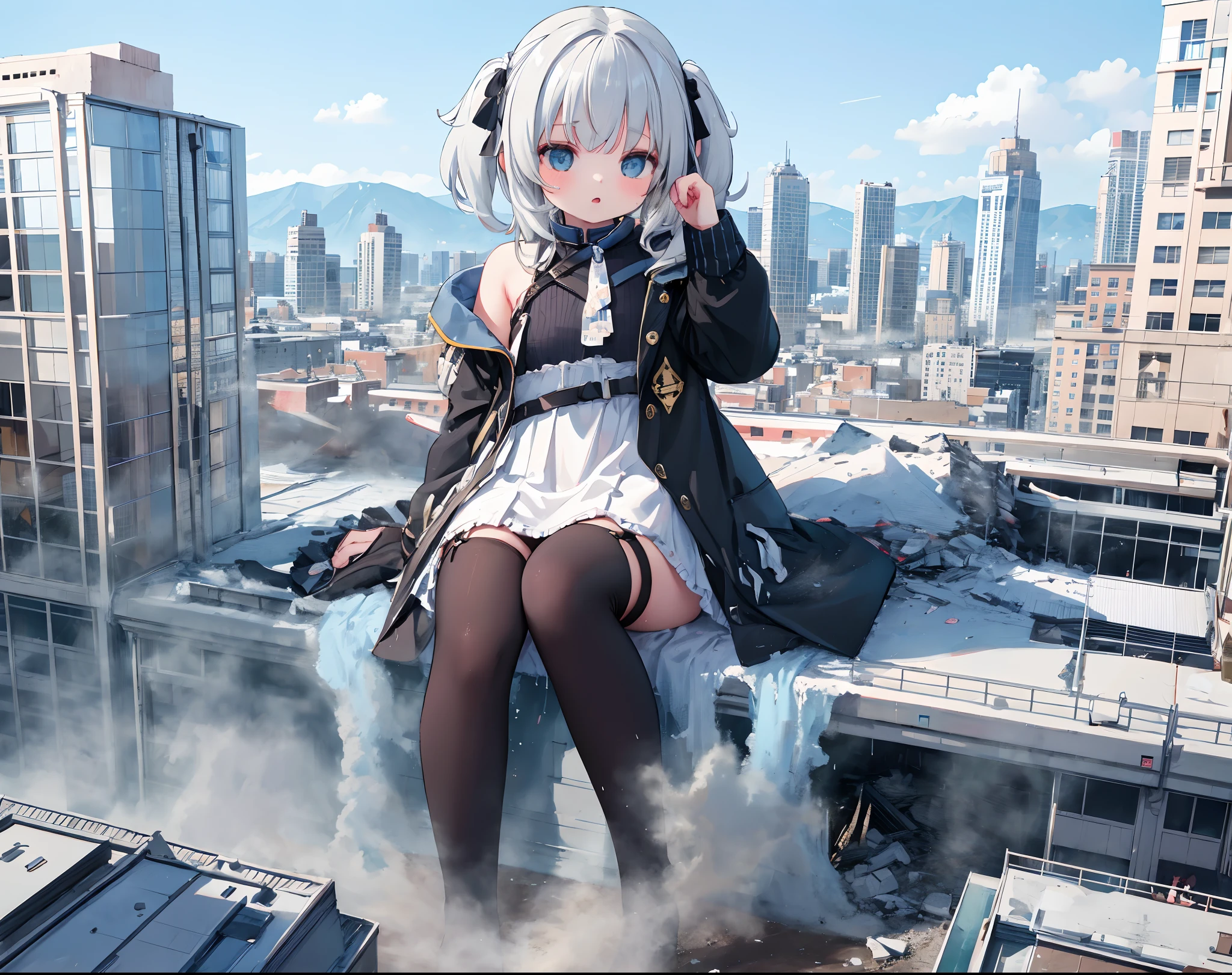 1girl, giantess, beautiful detailed eyes, long white hair, light blue eyes, school uniform, high white stocking, lustrous skin, tiny skyscrapers, tiny city, tiny urban background, debris and damaged skyscrapers. She is looking to the viewer. Add helicopters or other aircraft buzzing around the giant girl to adding to the chaos and excitement evil, tsundere, first-person view, pov, from below, perspective, full body. , high contrast, ((masterpiece, best quality))