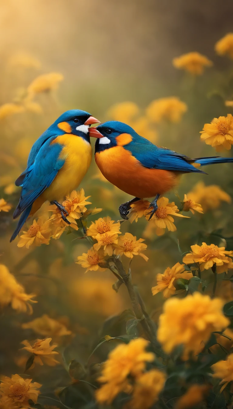 Beautiful birds standing on flowers,Talking with a mouth in his lap