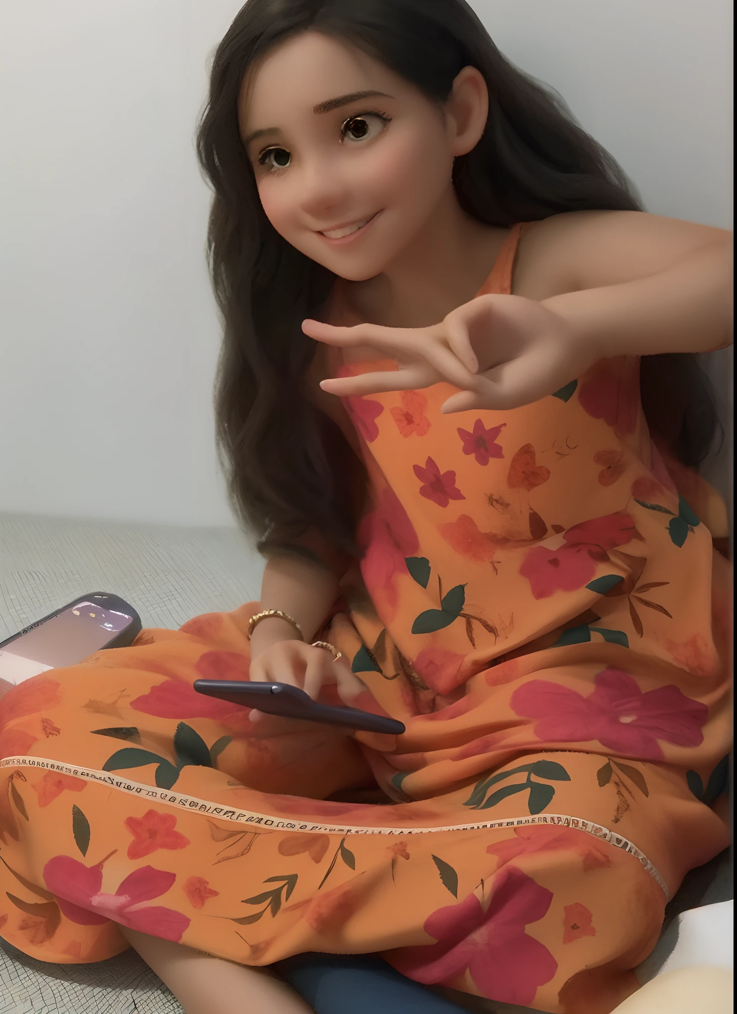 A young woman sitting on the floor with a mobile phone, usando um vestido havaiano, usando um pijama folgado, usando um longo vestido florido, com o dedo indicador, ela expressando alegria