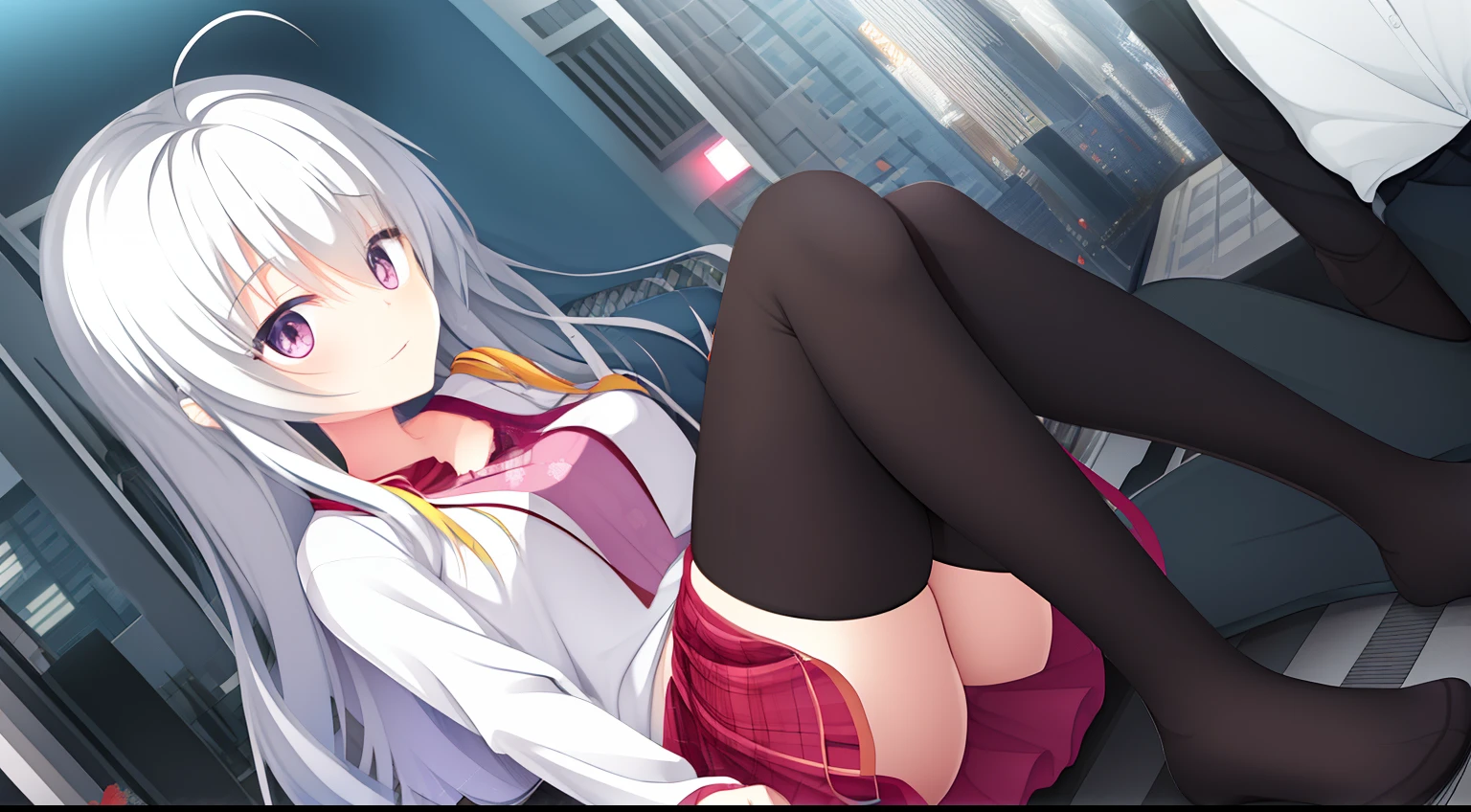 Long hair of random color，Random color eyes，Random casual clothes，Random color skirt，Random color stockings，sitting in the couch，urban backdrop，janelas，