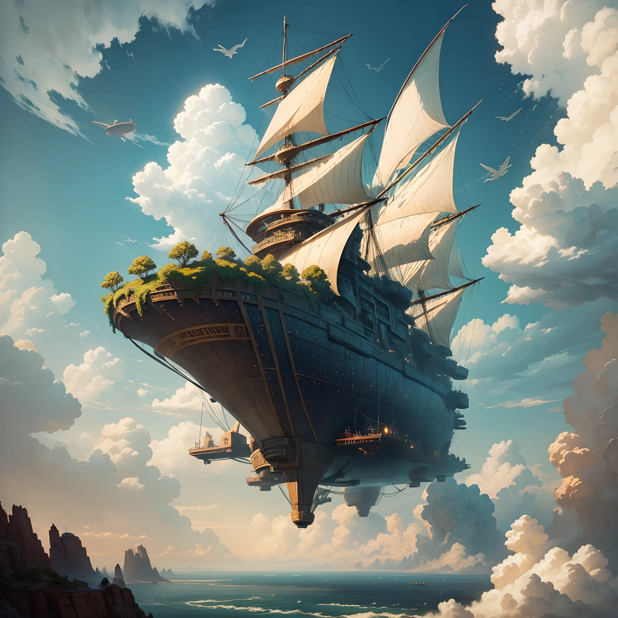 airships, great expansive world, wide shot, fantasy world, clouds, masterpiece, painting, sun, adventure, sky, flying ships, dragons, land, land and sea