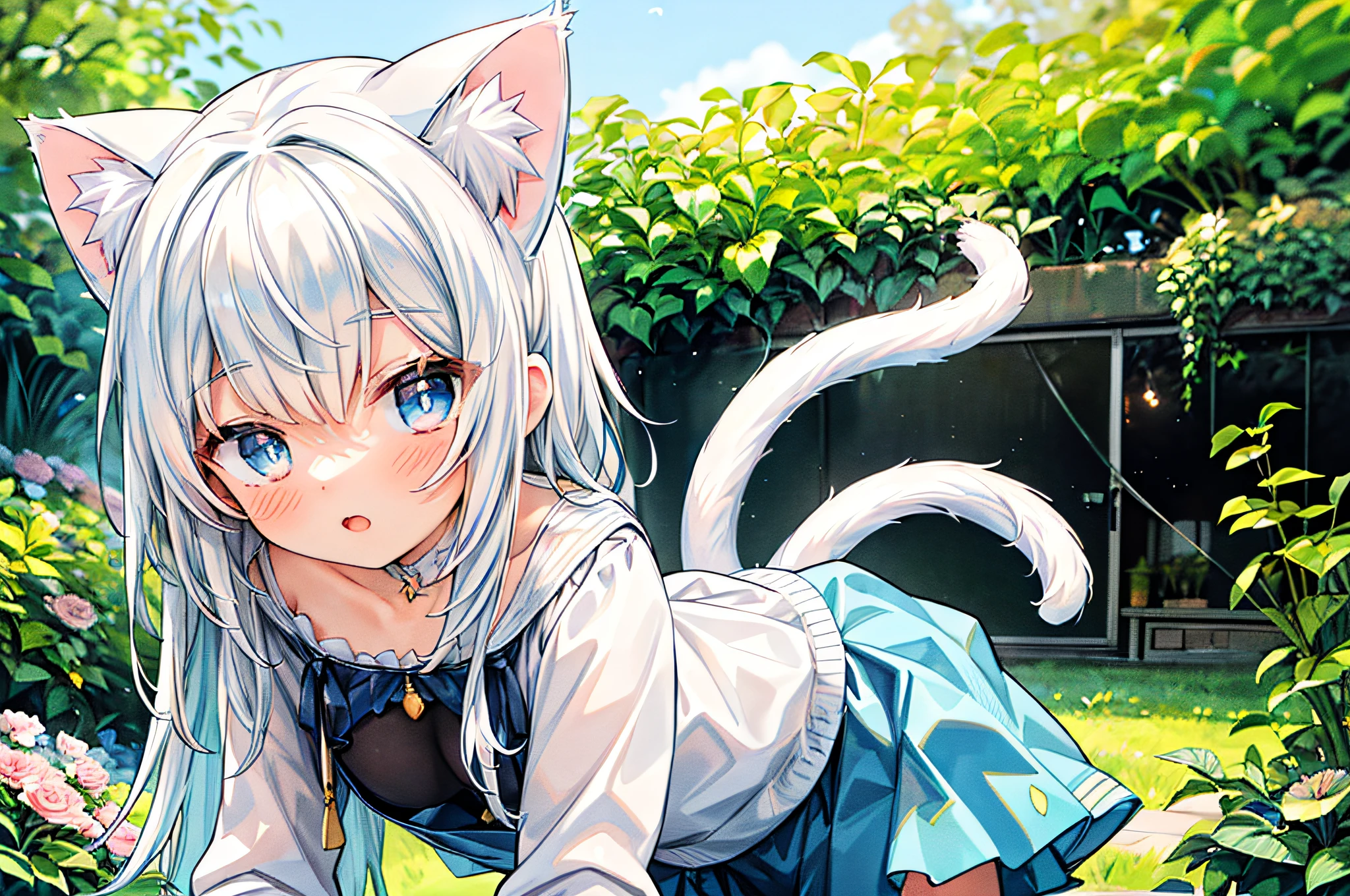 original, (masterpiece), (illustration), (extremely fine and beautiful), perfect detailed, photorealistic, (beautiful and clear background:1.25), (depth of field:0.7), (1 cute girl with (cat ear and cat tail:1.2) stands in the garden:1.1), (cute:1.35), (detailed beautiful eyes:1.3), (beautiful face:1.3), casual, silver hair, silver ear, (blue hair:0.8), (blue ear:0.8), long hair, coat, short skirt, hair blowing with the wind, (blue eye:1.2), flowers, (***********:0.65), butterflys flying around