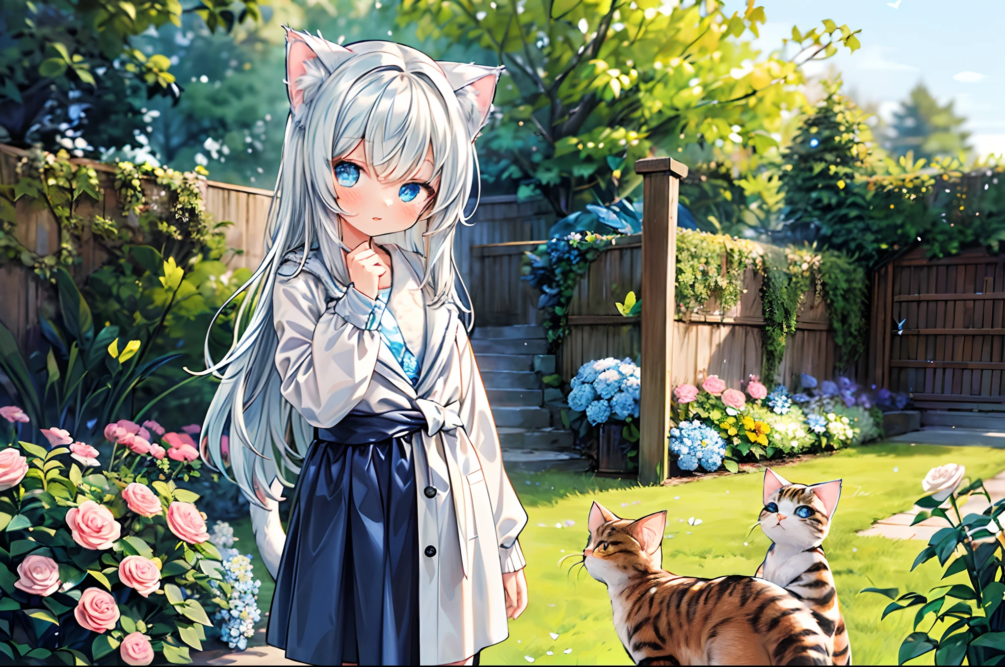 original, (masterpiece), (illustration), (extremely fine and beautiful), perfect detailed, photorealistic, (beautiful and clear background:1.25), (depth of field:0.7), (1 cute girl with (cat ear and cat tail:1.2) stands in the garden:1.1), (cute:1.35), (detailed beautiful eyes:1.3), (beautiful face:1.3), casual, silver hair, silver ear, (blue hair:0.8), (blue ear:0.8), long hair, coat, short skirt, hair blowing with the wind, (blue eye:1.2), flowers, (little girl:0.65), butterflys flying around