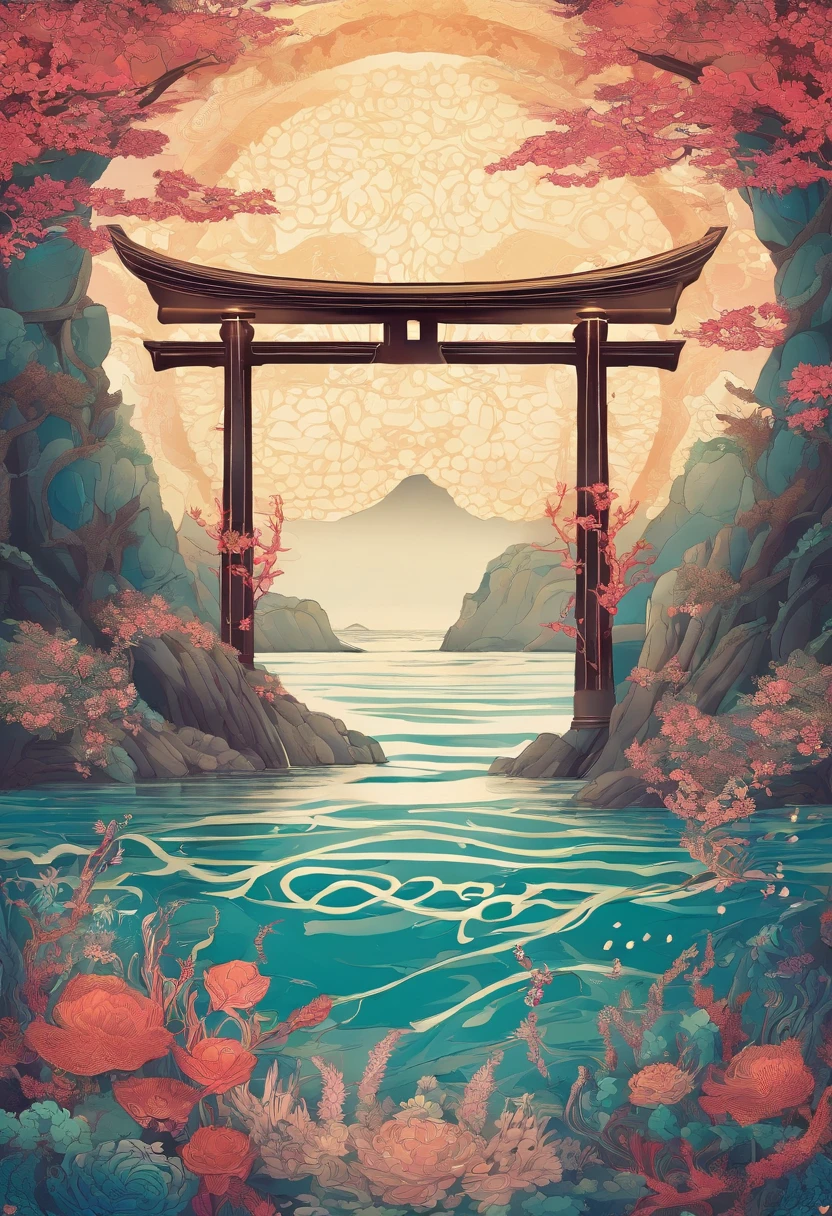 Japanese Torii Under the Sea , Epic composition, realistic lighting, high-definition detail, master part, best quality, (muito detalhado CG unificado 8k wallpaper),