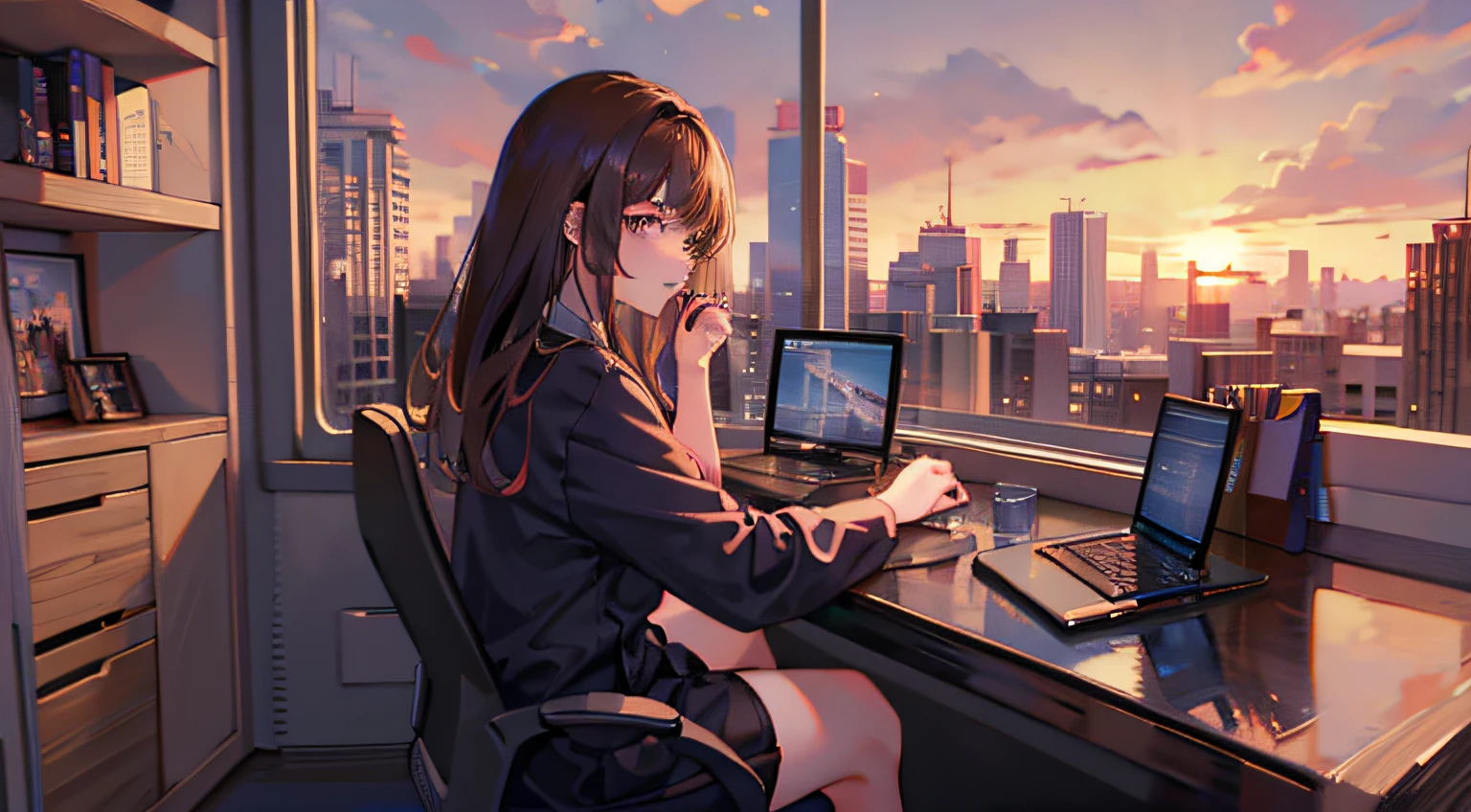brunette girl overtime sunset office