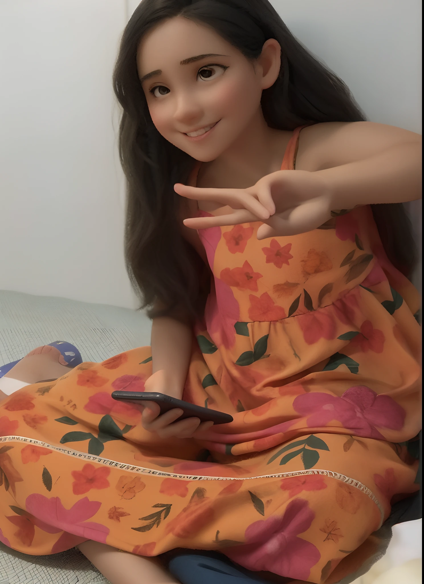 A young woman sitting on the floor with a mobile phone, usando um vestido havaiano, usando um pijama folgado, usando um longo vestido florido, com o dedo indicador, ela expressando alegria