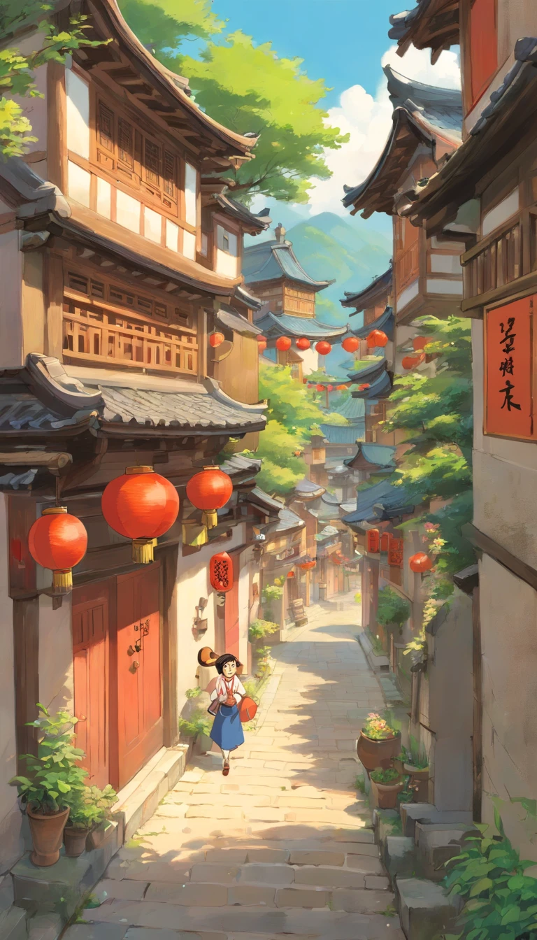 The architecture in the village is Zhuang culture, A lot of people are celebrating, cheer, Beat the brass drum