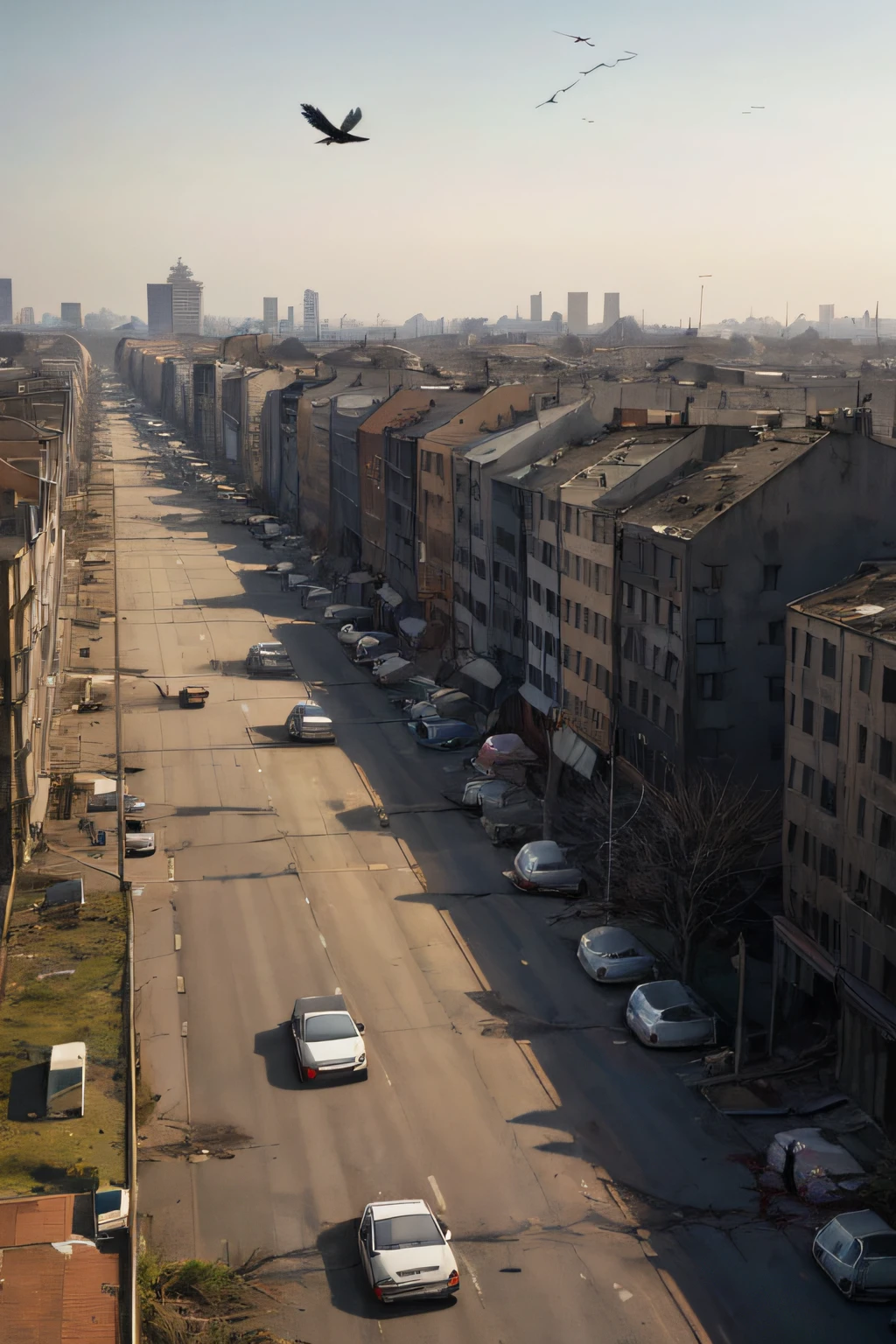 Modern big city,Faraway view,Abandoned cars,Abandoned houses,A flock of crows in the sky,A zombie in the distance,The crowd ran in panic