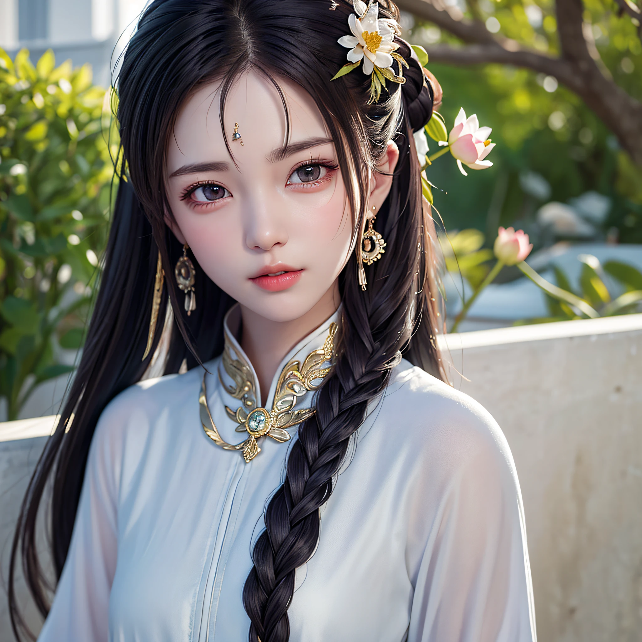 (best quality, masterpiece:1.2), ultra high res, realistic, front lighting, intricate detail, Exquisite details and textures, 1girl, solo ,(young), face highlight, upper body, detailed face, tear mole, shiny skin, silver hair, ponytail, braid hair, looking at viewer, big eyes, silk robe, (hollow pattern, white, silk), earrings, small breasts, slim body, architecture, east asian, riverside, a lotus leaf, a lotus flower, forest, professional lighting, photon mapping, radiosity, physically-based rendering,
