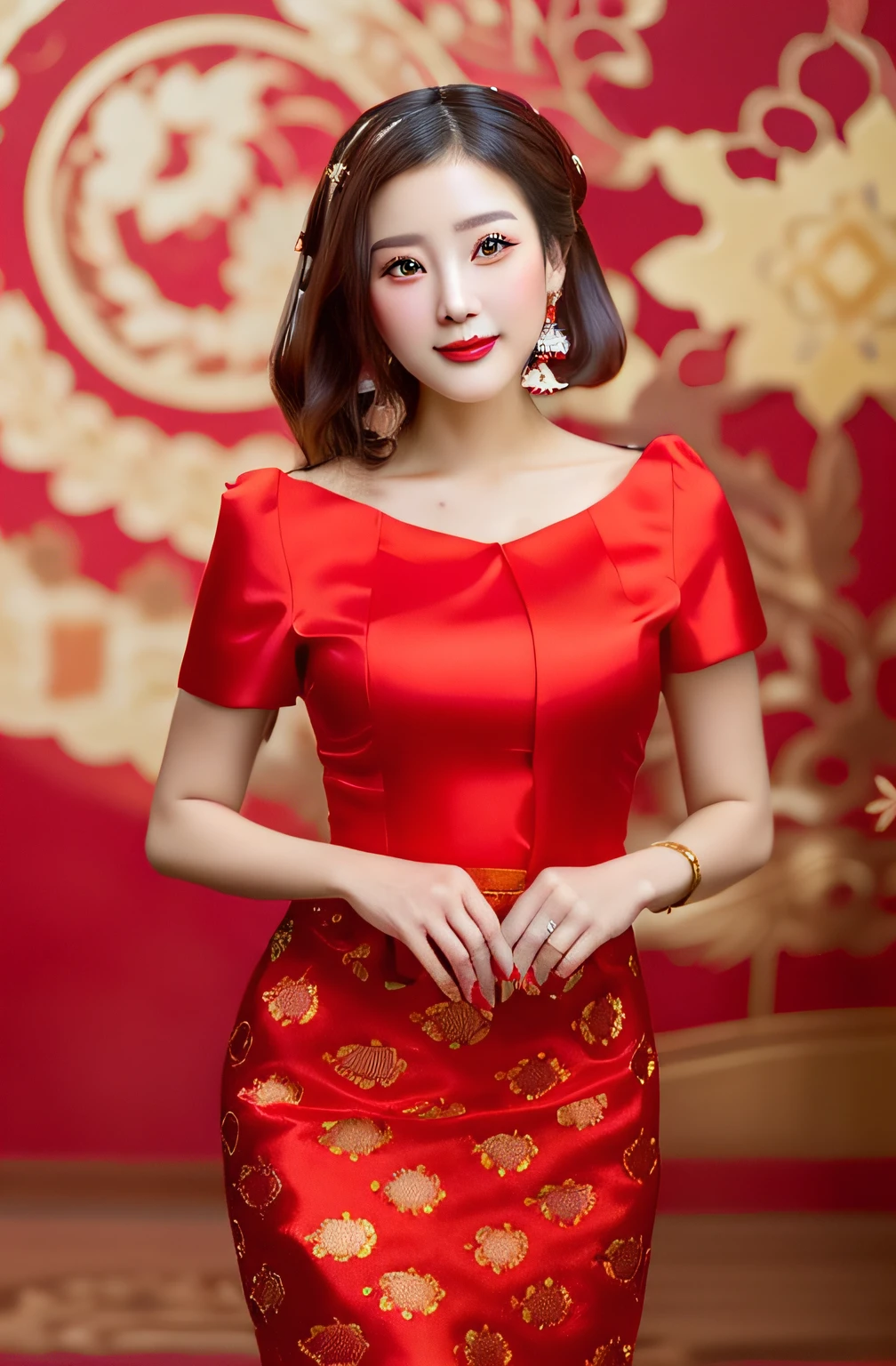 a woman in a red dress posing for a picture, traditional beauty, in style of lam manh, nivanh chanthara, wearing red attire, ruan jia beautiful!, lovely woman, dilraba dilmurat, wearing a red cheongsam, sukhothai costume, beautiful south korean woman, very beautiful enga style, cheongsam, traditional art