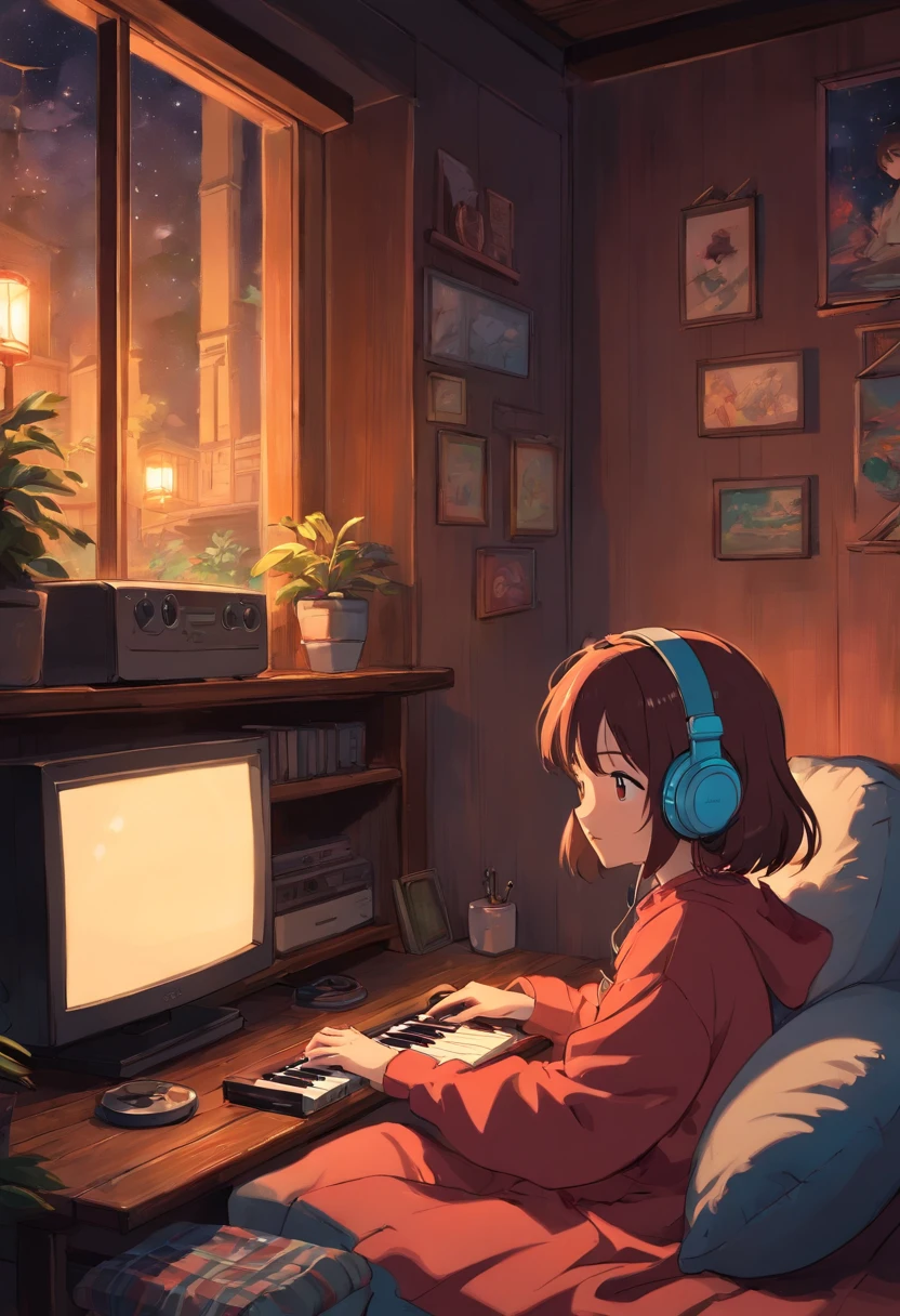 Girl listening to music in a cozy room at night, Use headphones, 2D style anime, lo fi, hard disk, Dark medium