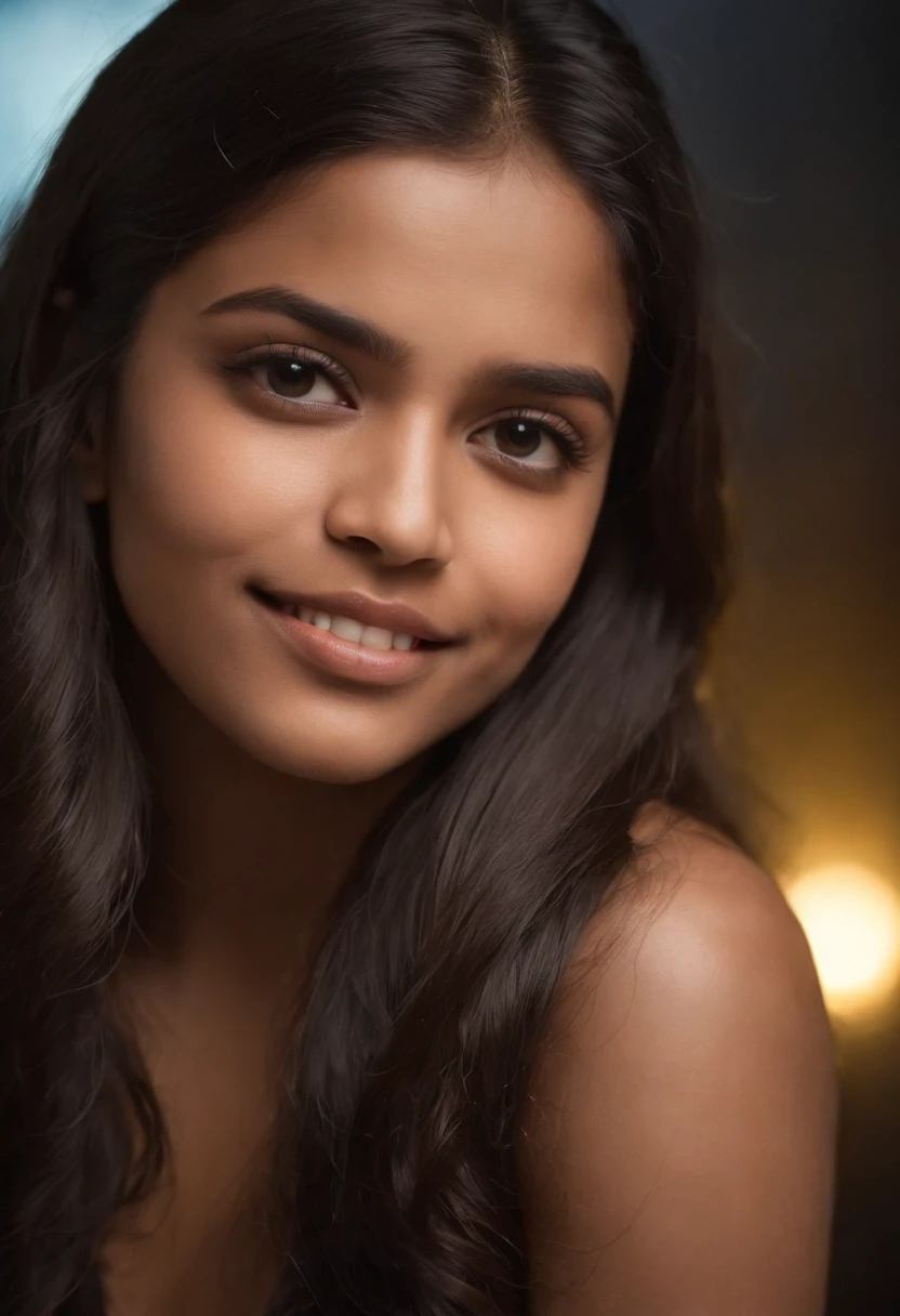 uma  sri Lankan,cena noturna, close up foto de uma garota nua sexy,18 anos, Posando, Look at a camera and smile, cabelo encaracolado preto, (olhos castanhos:0.8), bonito rosto jovem, 18 I, soft volumetric lights, (retroiluminado:1.3), (cinemactic:1.3), detalhes intrincados, (art-station:1.2)