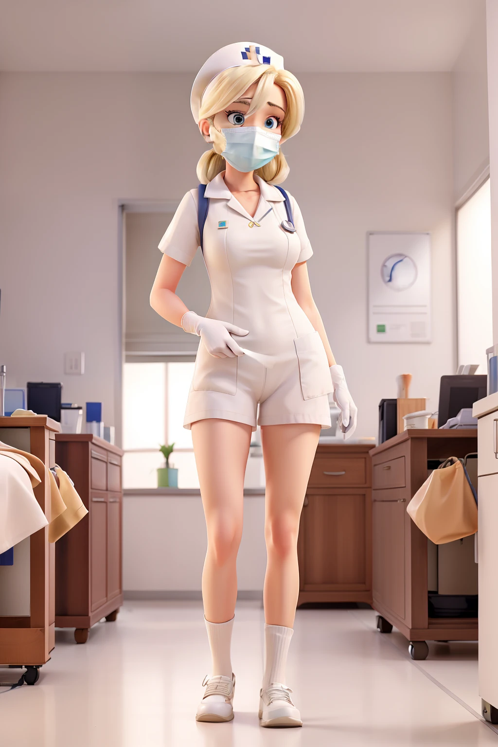 masterpiece, best quality, blonde Female nurse with a surgical mask putting on gloves at hospital, white nurse outfit