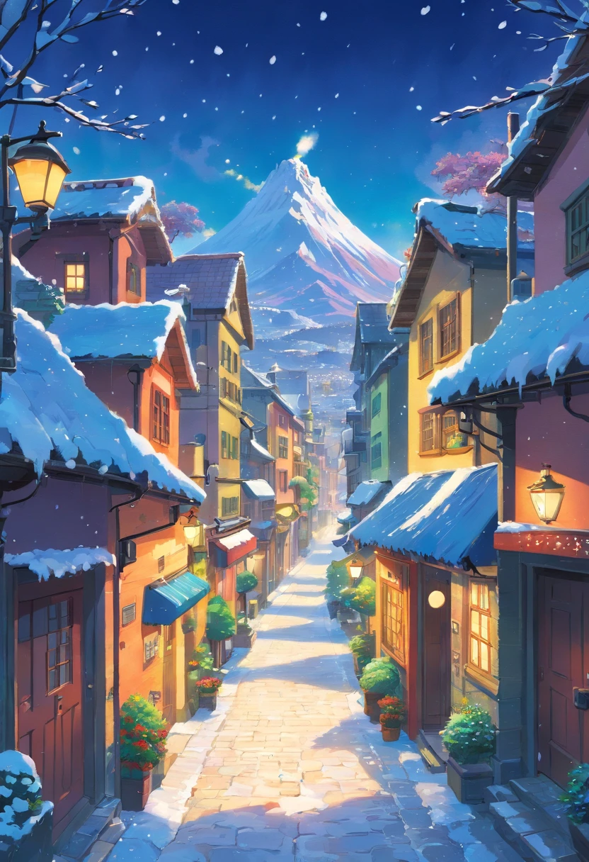 Small town with falling snow
