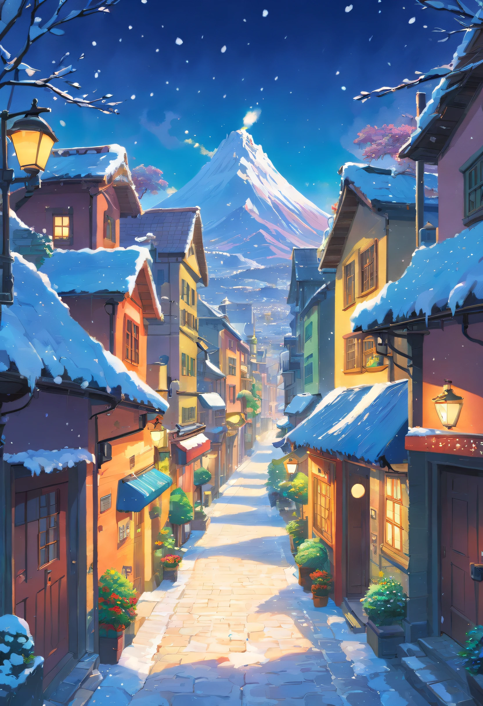 Small town with falling snow